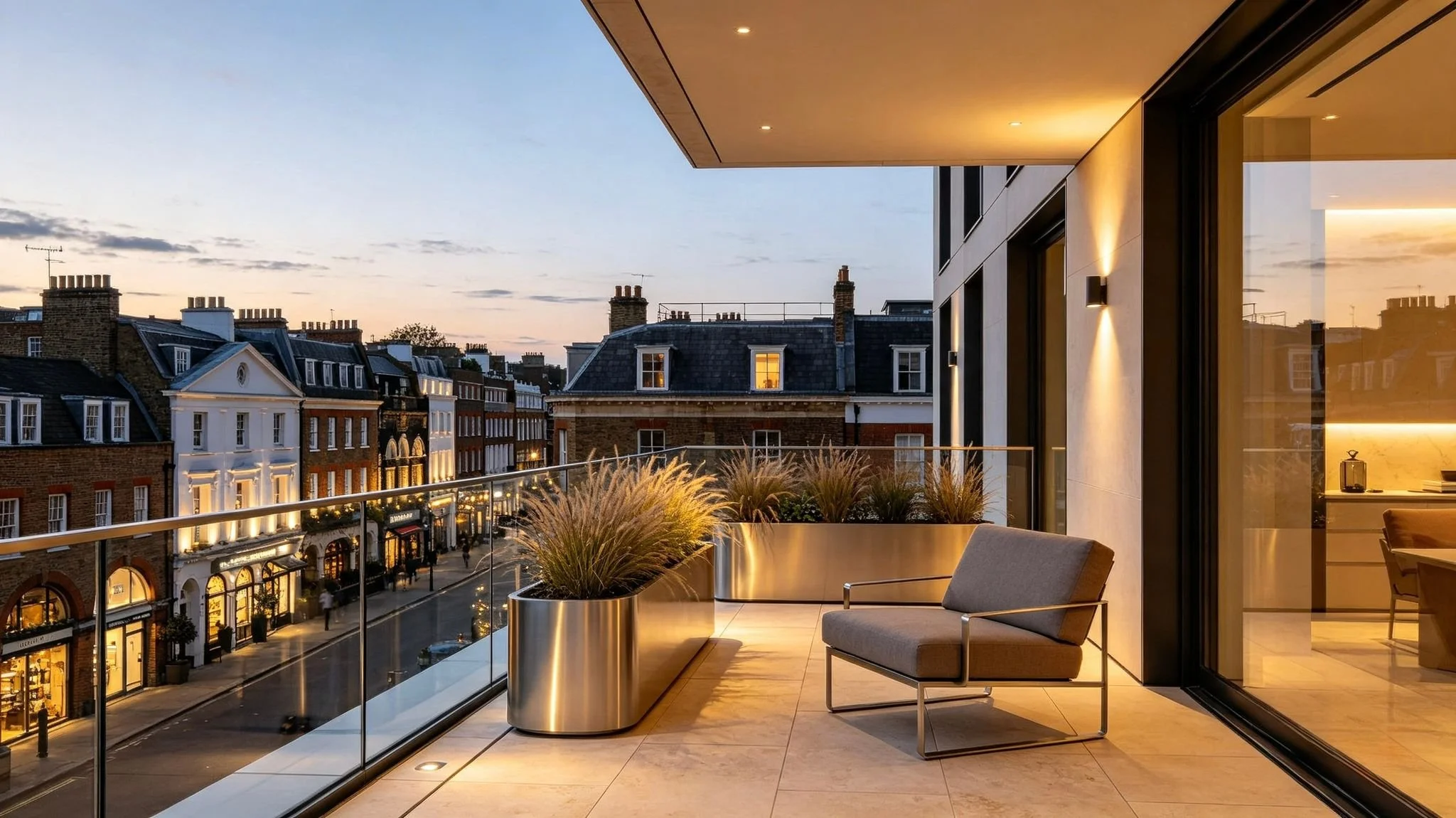 A modern balcony overlooking a city street at sunset. The balcony has glass railings, potted plants, and contemporary furniture. The interior shows warm lighting and large glass doors.