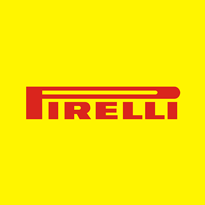 Pirelli logo op een gele achtergrond.