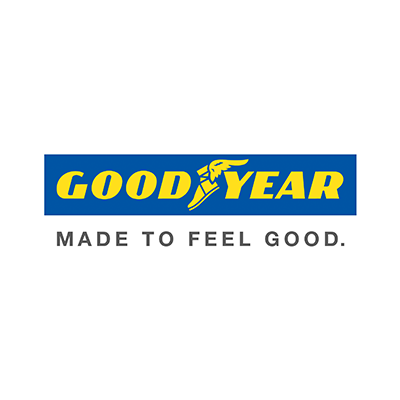 Goodyear logo met blauwe achtergrond, gele tekst. Slogan 'Made to Feel Good.'