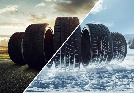 4 autobanden die de overgang van de seizoenen weergeven