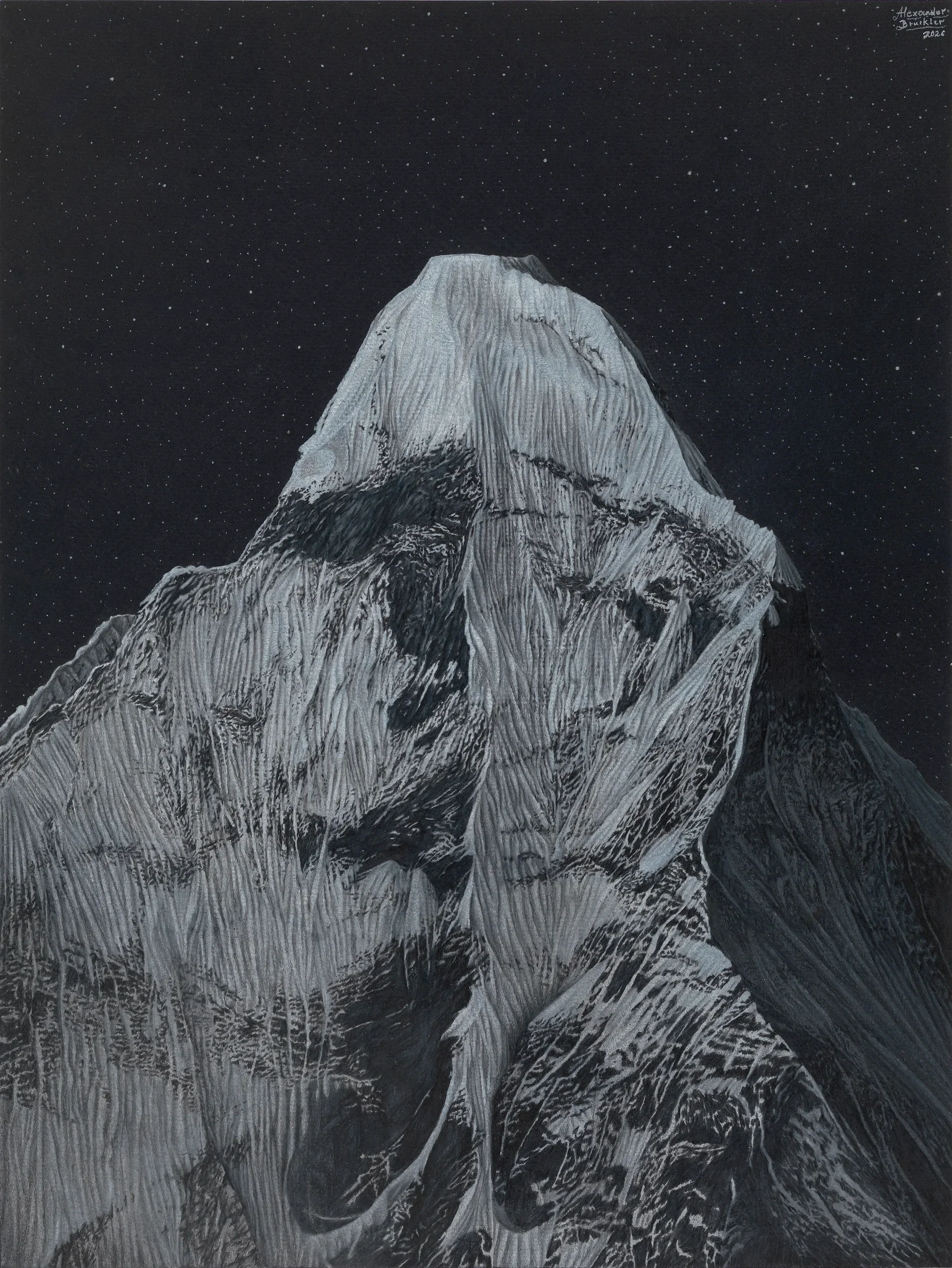 Handgezeichnetes Bergportrait des Ama Dablam im Himalaya als Originalzeichnung