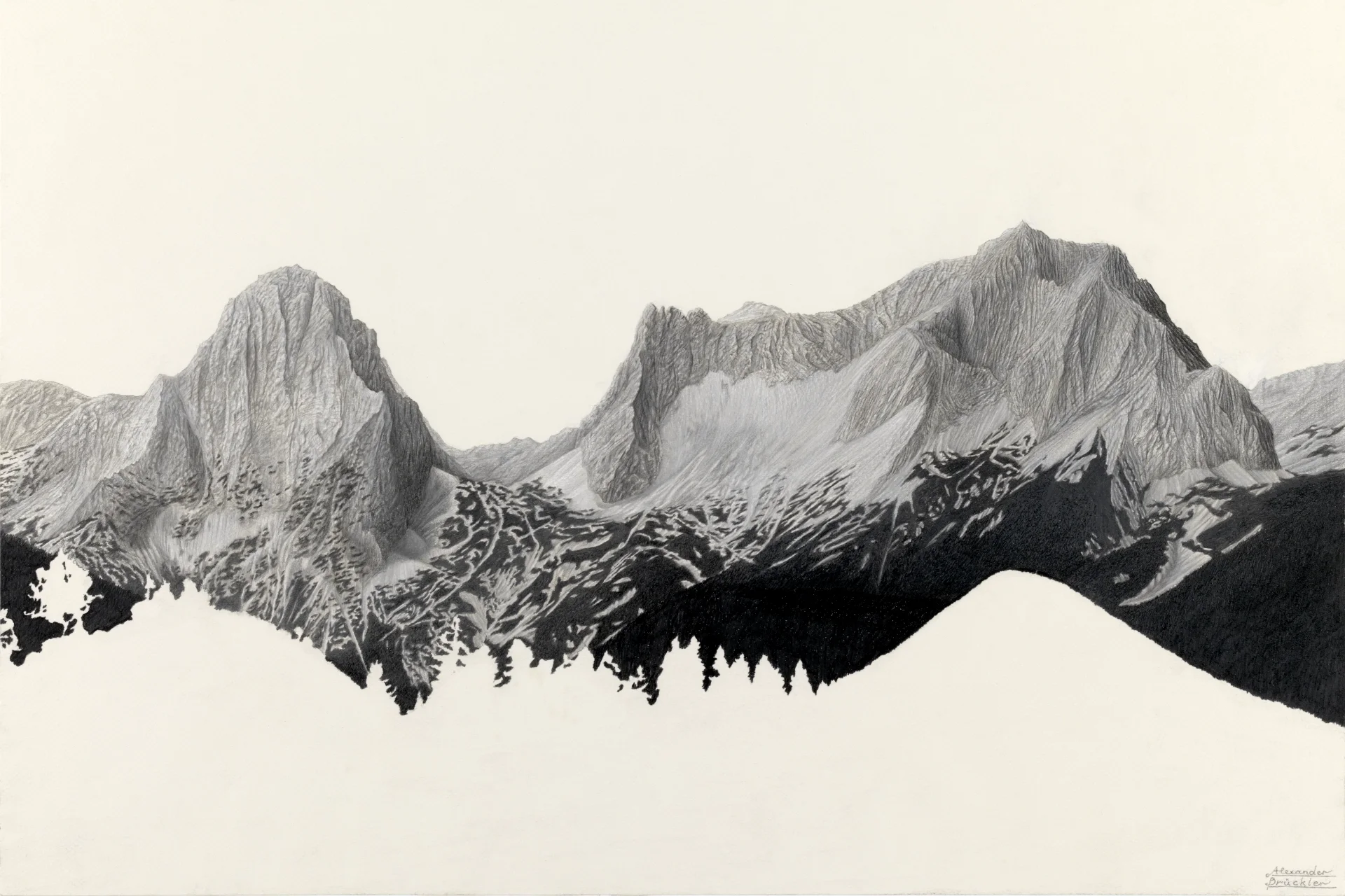 Bergportrait als Kunstdruck von Großem Priel und Spitzmauer im Toten Gebirge, gezeichnet von Alexander Brückler (Lex Loga)