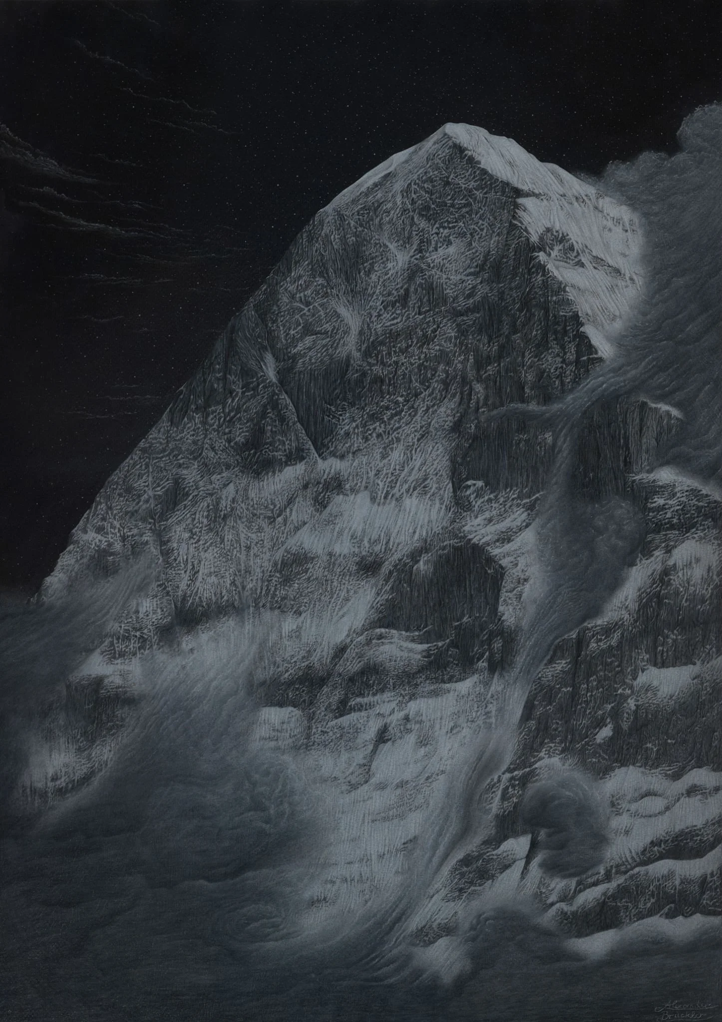 Großformatige, stimmungsvolle Zeichnung der Eiger Nordwand bei Nacht