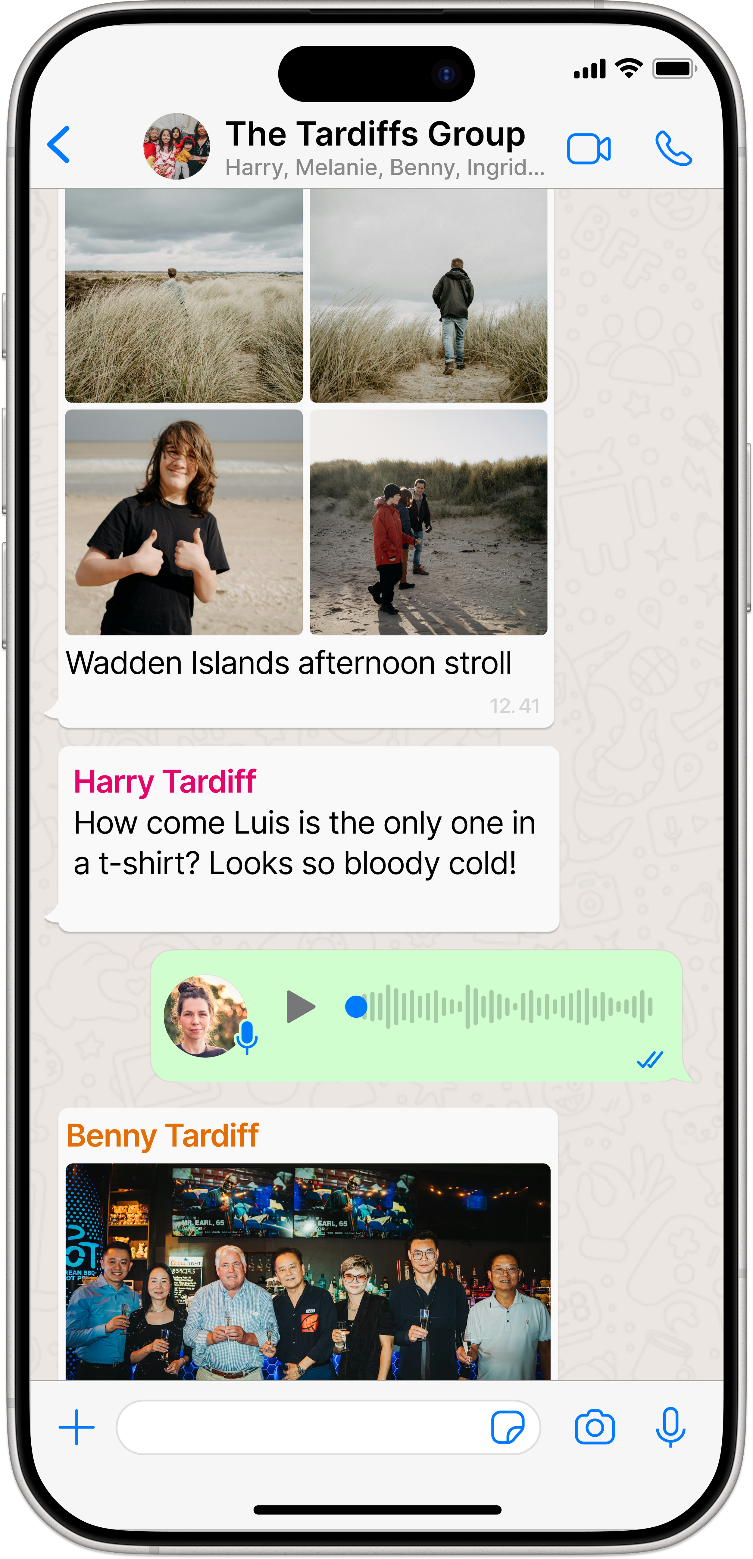 WhatsApp chat screen with photos of people at the beach and group gathering, and messages about a walk on Wadden Islands and comments on people's clothing.