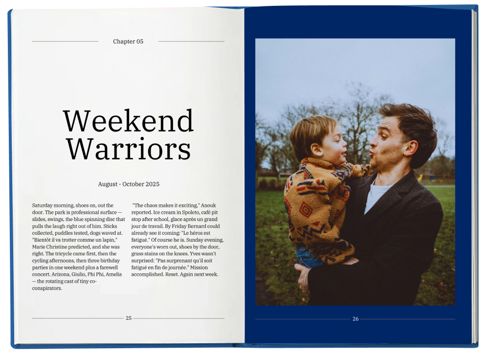 Open book showing a chapter titled "Weekend Warriors" with a photo of a man lifting a young boy outdoors in a park, both making playful faces.