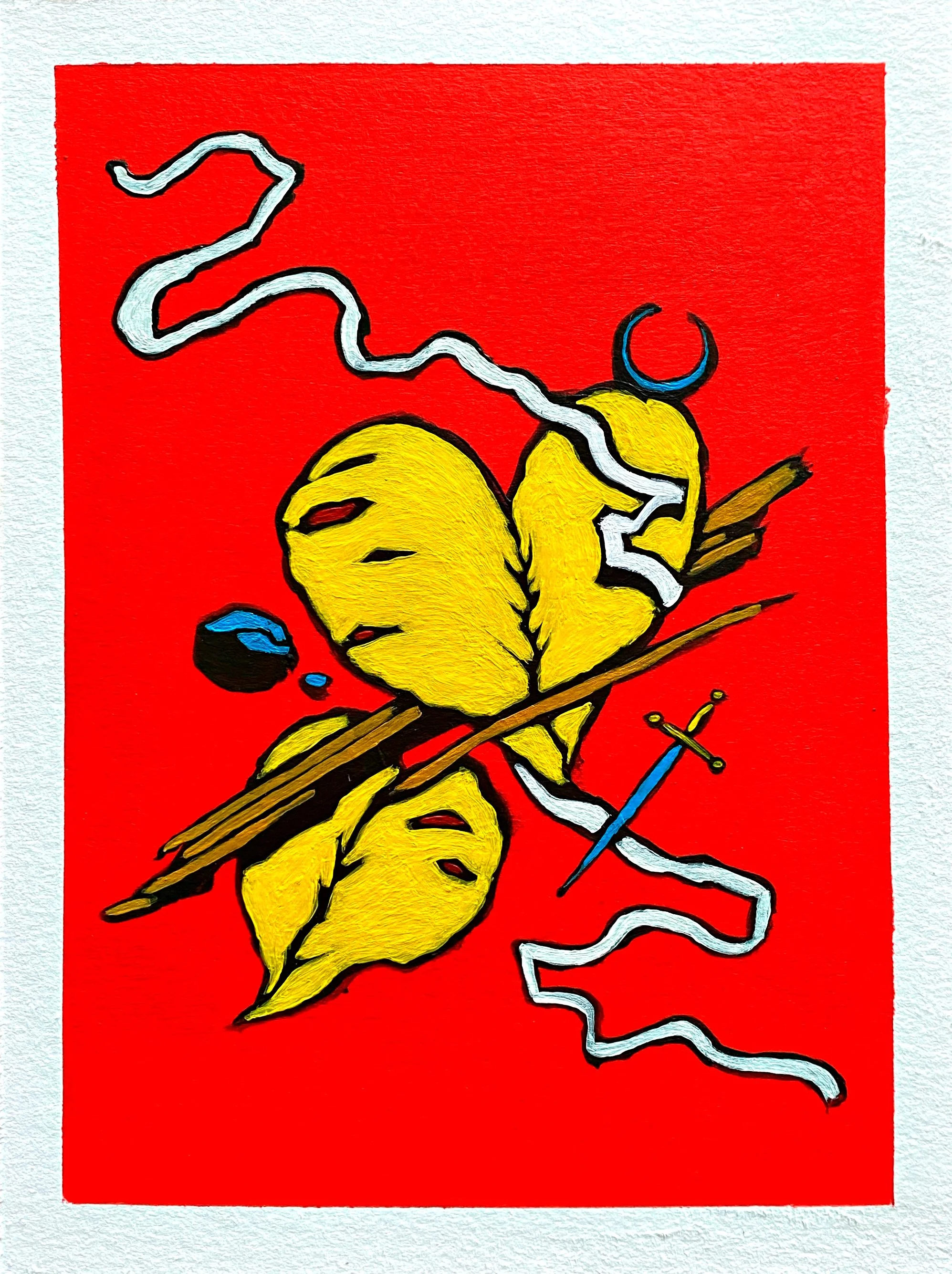 A colorful tattoo design featuring a yellow heart pierced by two arrows, with a blue and black dot and a blue crescent moon, on a red background.