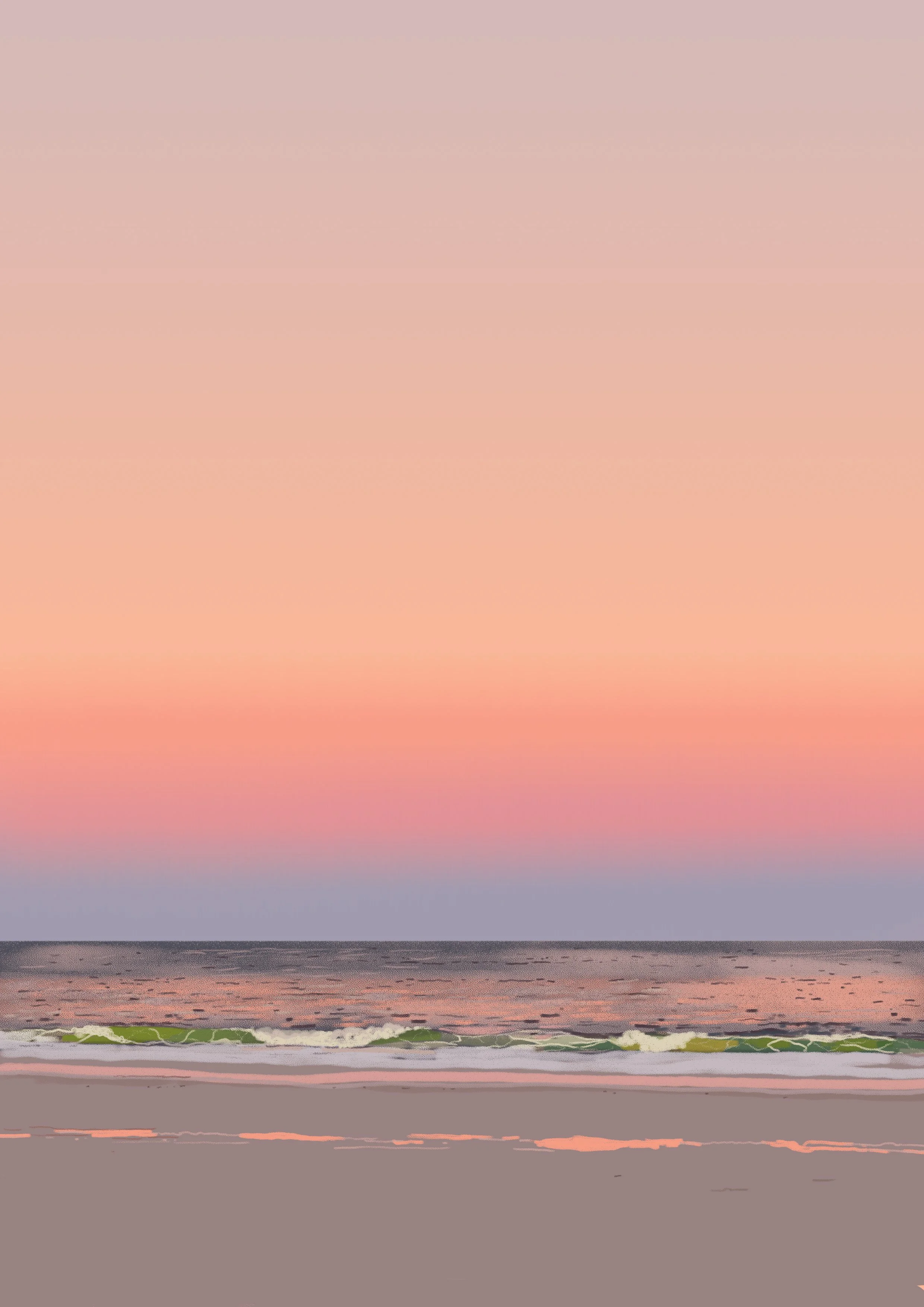 A pastel-colored sunset over the ocean with gentle waves hitting the sandy shore.