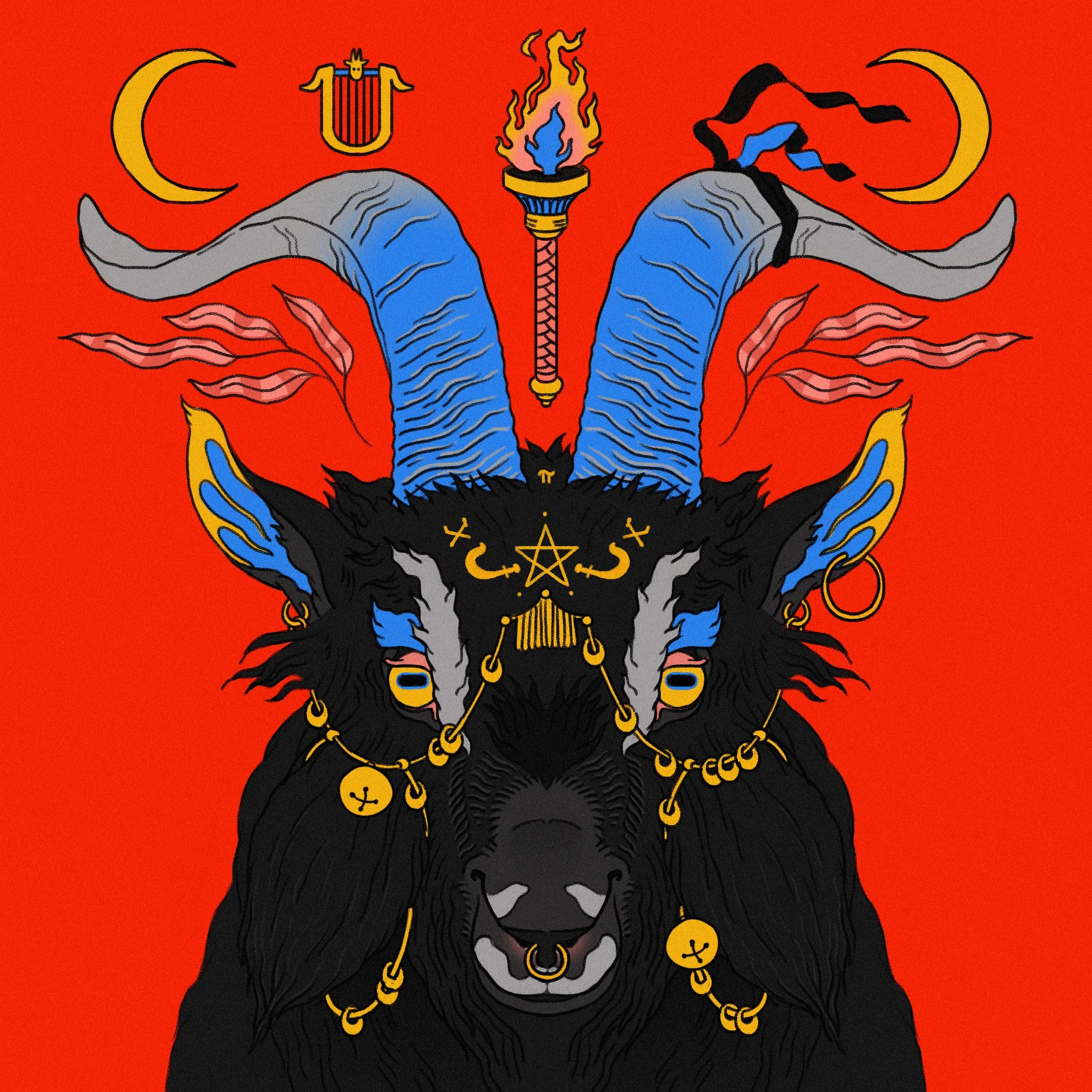 A stylized illustration of a goat with large blue horns, adorned with gold jewelry and symbols, set against a red background with crescent moons and a torch with a flame.