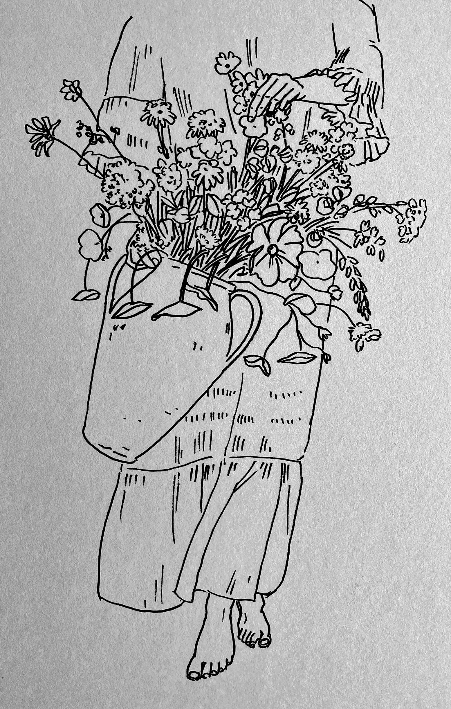 Line drawing of a person standing barefoot, holding a large bouquet of flowers in their arms.