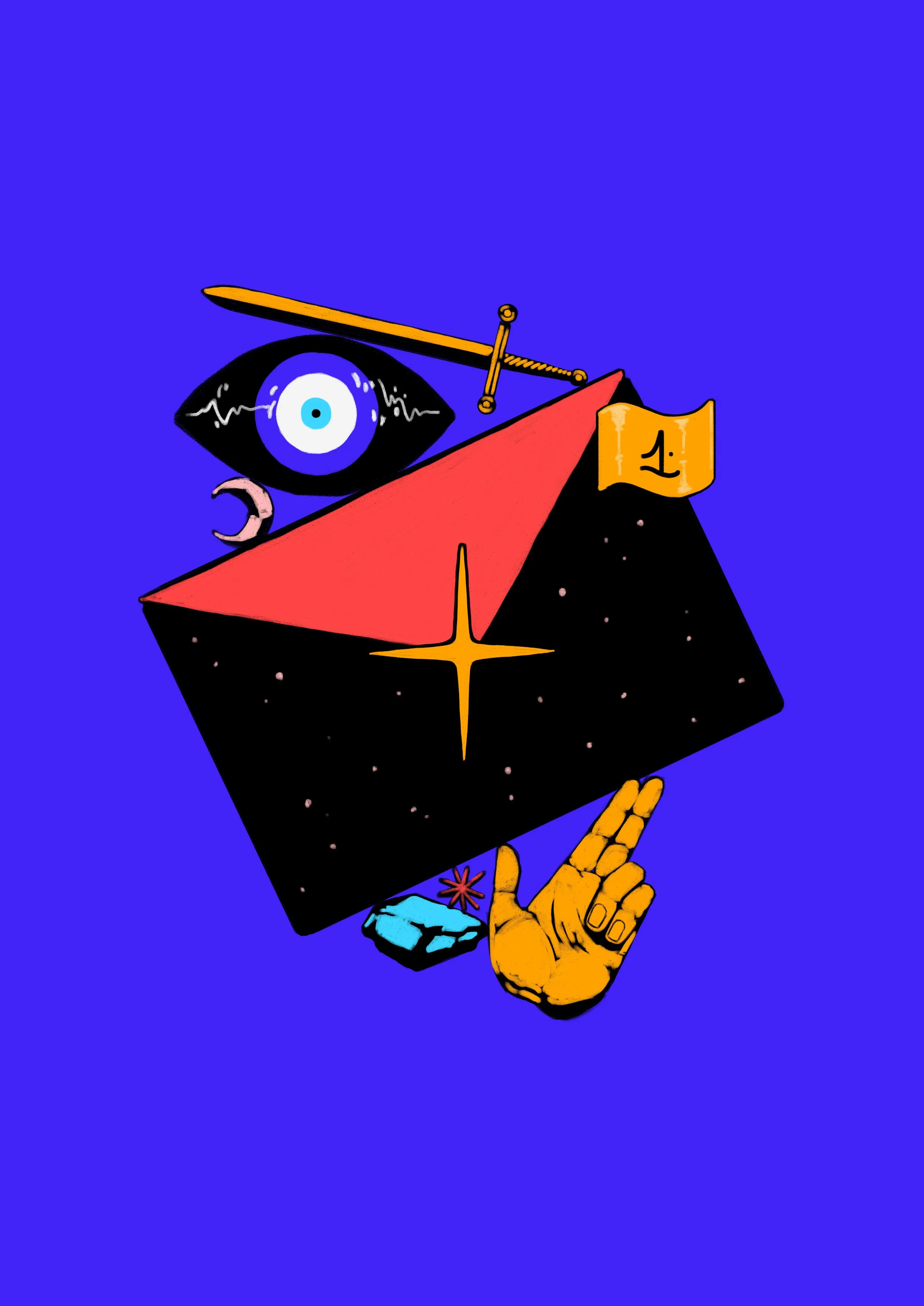 Abstract surreal digital art featuring an eye with a blue iris, a crescent moon, a pointing hand, a cube with a star, a flag with the number 1, a yellow sword, and star and space elements on a blue background.