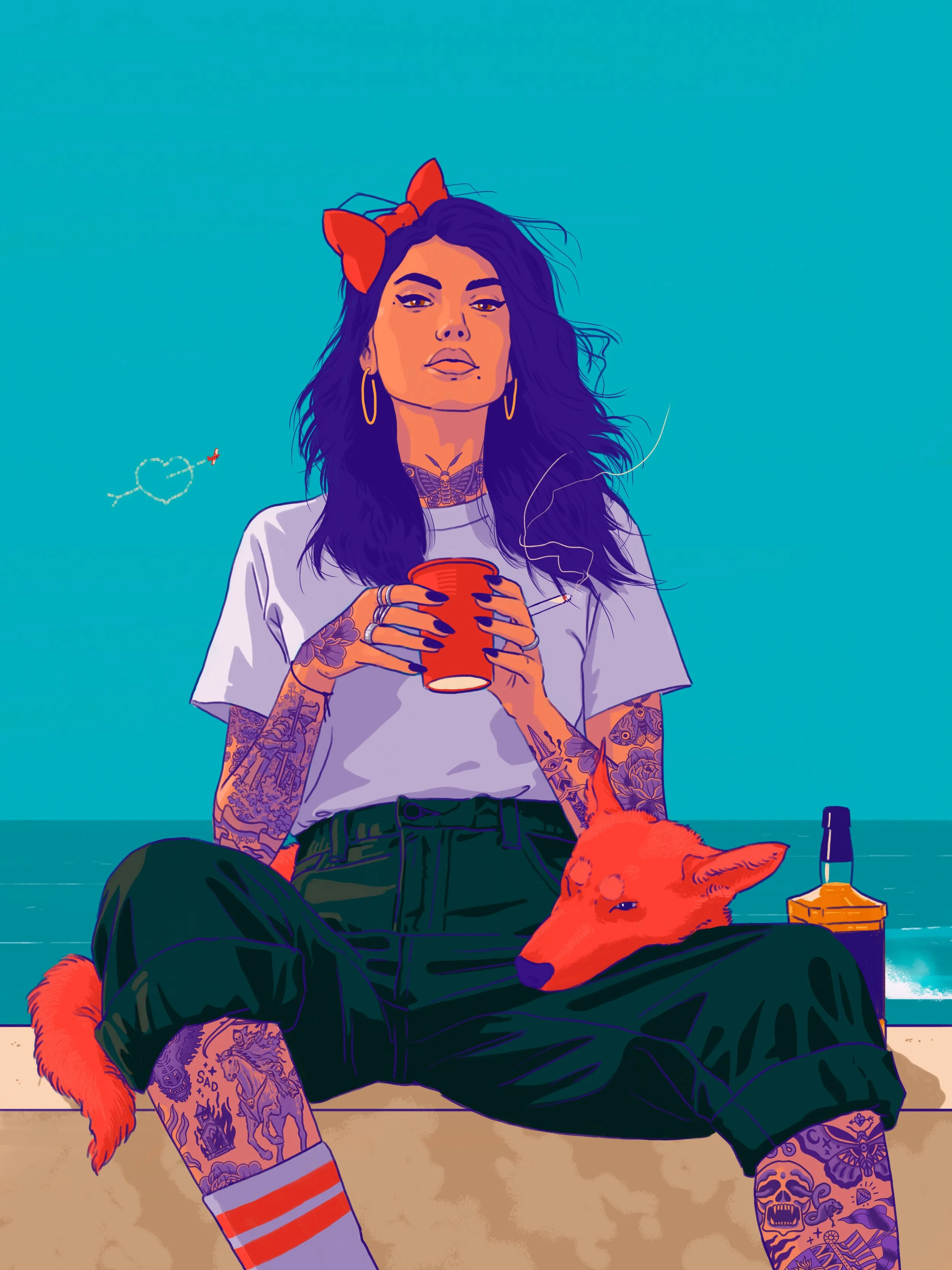 Digital illustration of a woman sitting on the beach with a red dog by her side. She has long dark hair, tattoos on her arms and legs, and is wearing a white T-shirt, black pants, and a red bow in her hair. She is holding a red cup, with steam rising from it. The background features the ocean and sky.