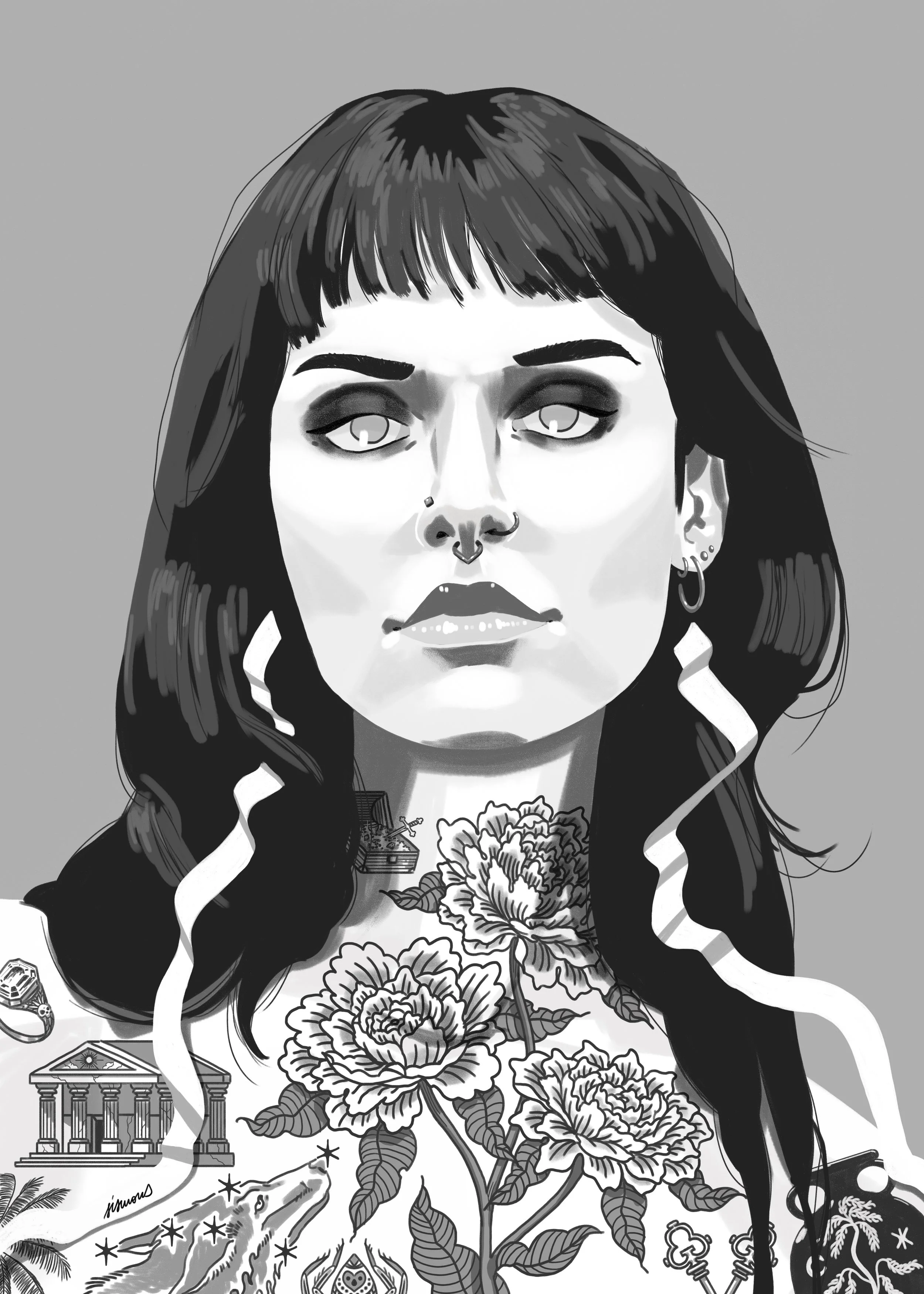 A black and white digital illustration of a woman with tattoos, multiple earrings, a septum piercing, and long dark hair with bangs.