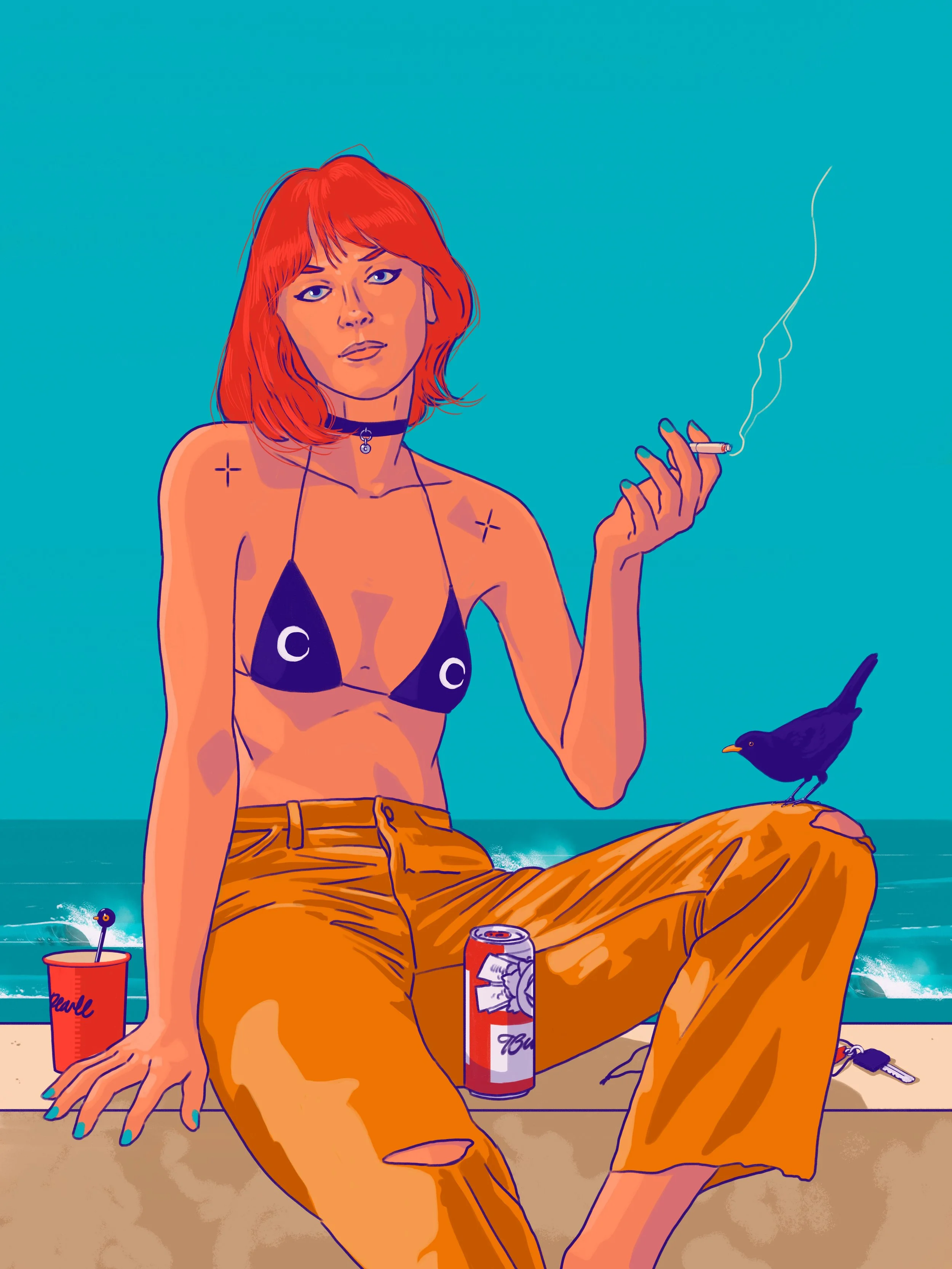 A woman with red hair and light skin sitting on a ledge at the beach, wearing a black bikini top with moon symbols, orange pants, and a black choker. She is holding a cigarette and has a bird perched on her knee, with a can of beer and a red cup nearby. The background shows the ocean and a clear sky.