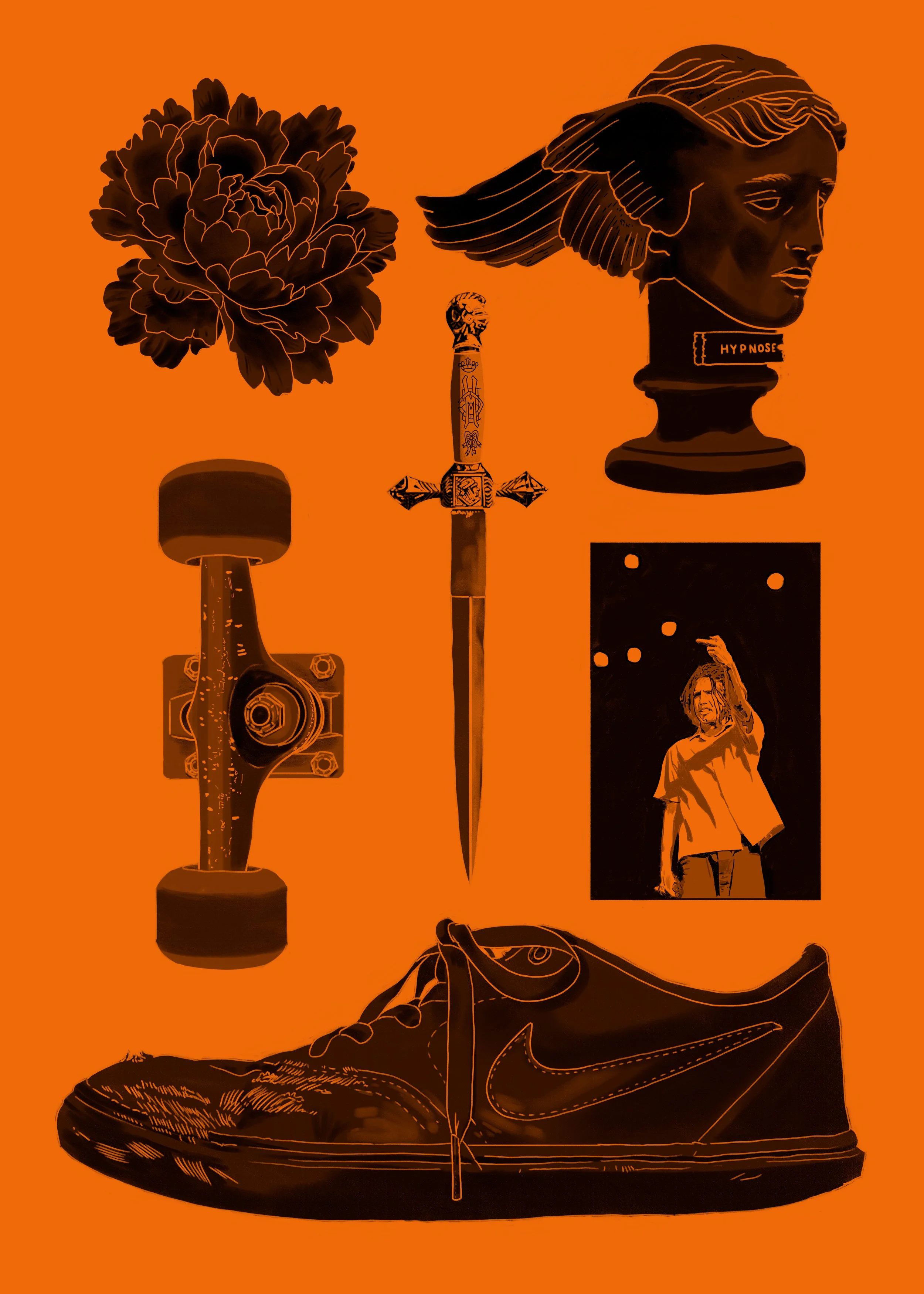 Collection of black and orange illustrations including a flower, a head with wings labeled 'Hypnose,' a skateboard wheel, a sword, a photograph of a person with a hand raised, and a sneaker.