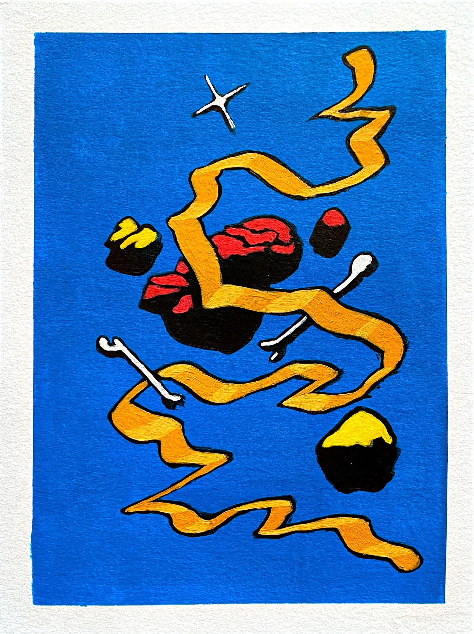 Abstract illustration of a figure with a red face and black body, surrounded by yellow and orange ribbons, set against a blue background with a star-like shape.