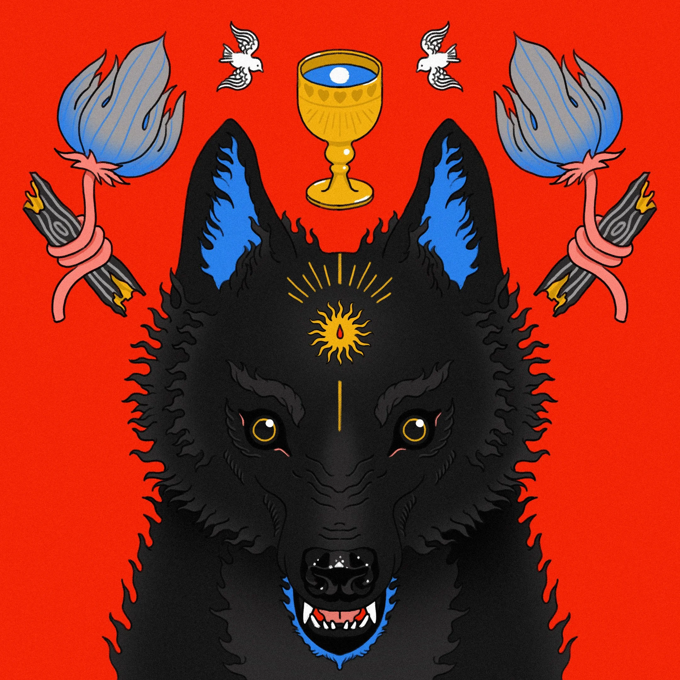 Illustration of a black wolf with glowing eyes and an open mouth, featuring a gold sun and candle on its forehead, a golden chalice with blue liquid above its head, two white birds, and a red background with blue flames.