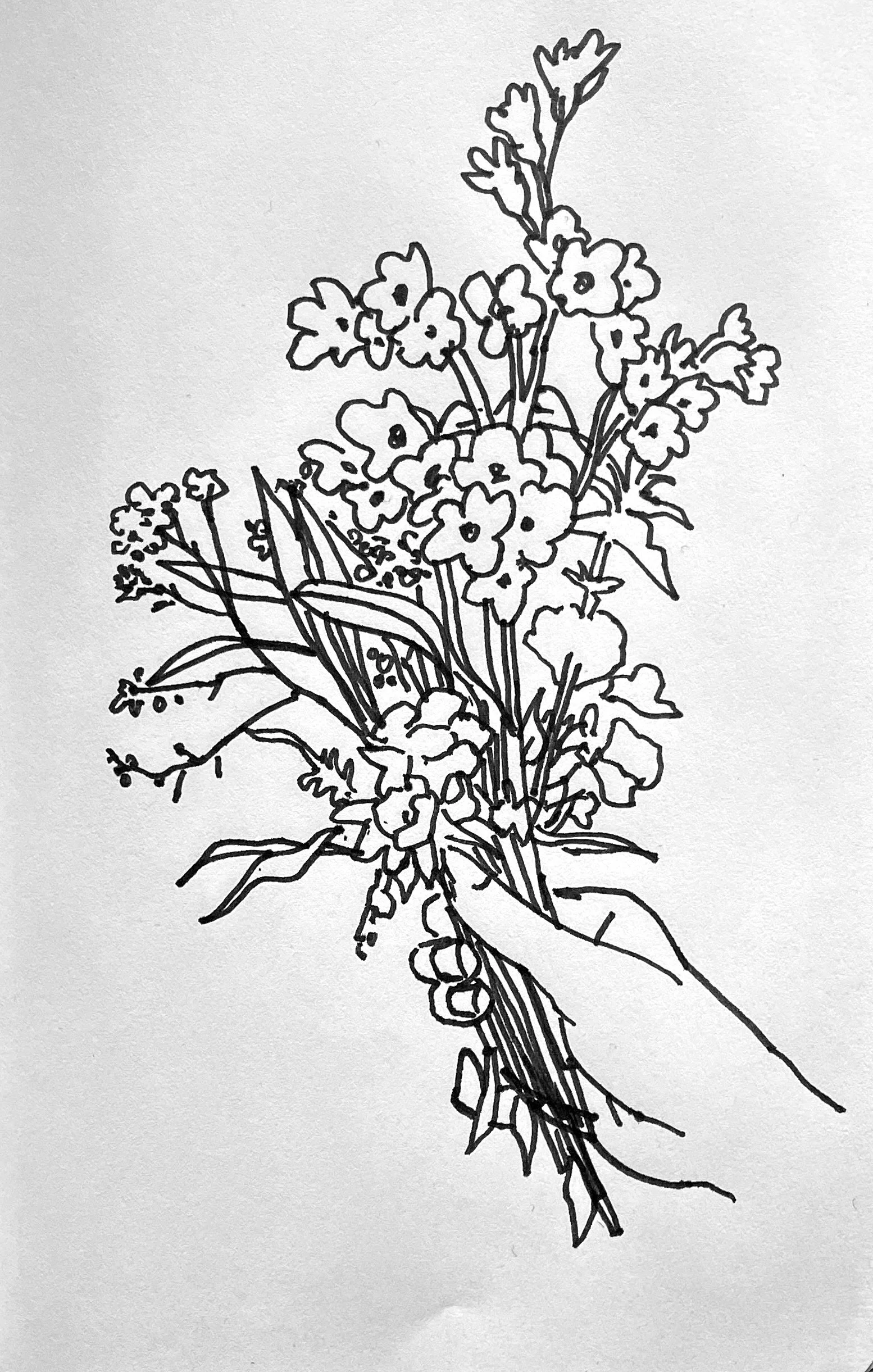 Line drawing of a hand holding a bouquet of flowers with various blossoms and leaves.
