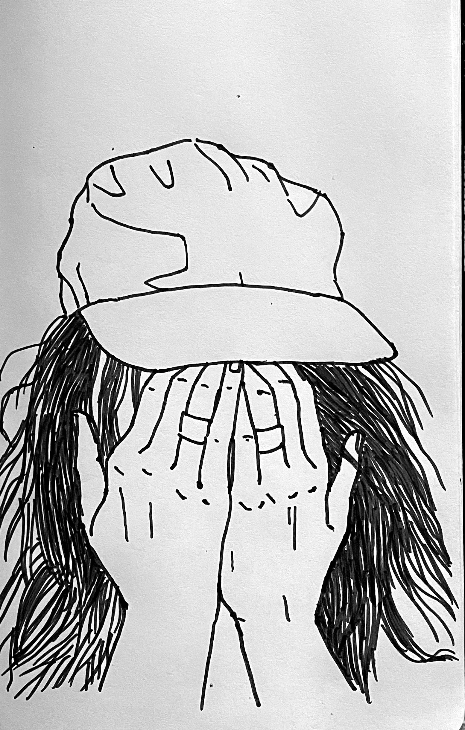 A black and white line drawing of a person wearing a cap, covering their face with both hands, with long hair flowing down.