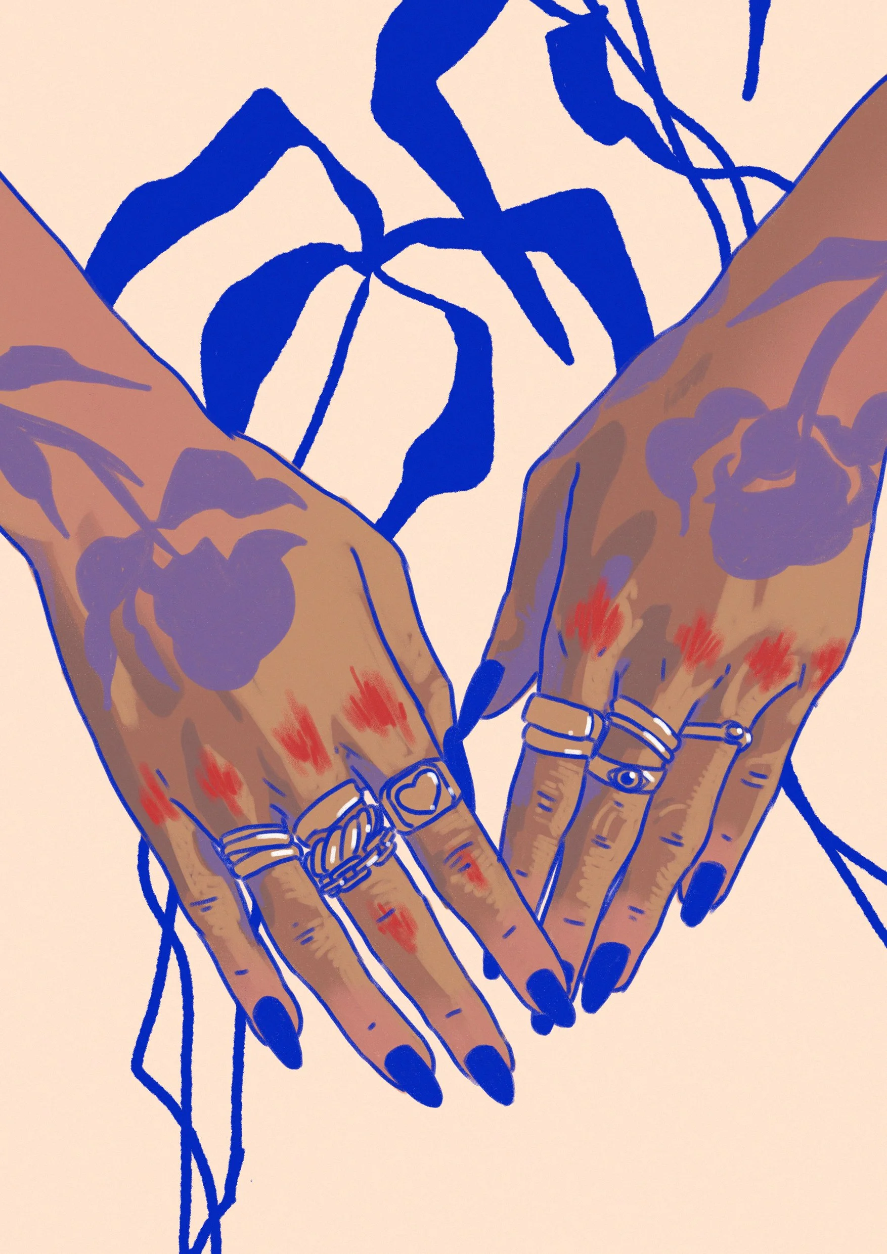 Illustration of two hands with rings, rings, nail polish, and tattoos, forming a heart shape.