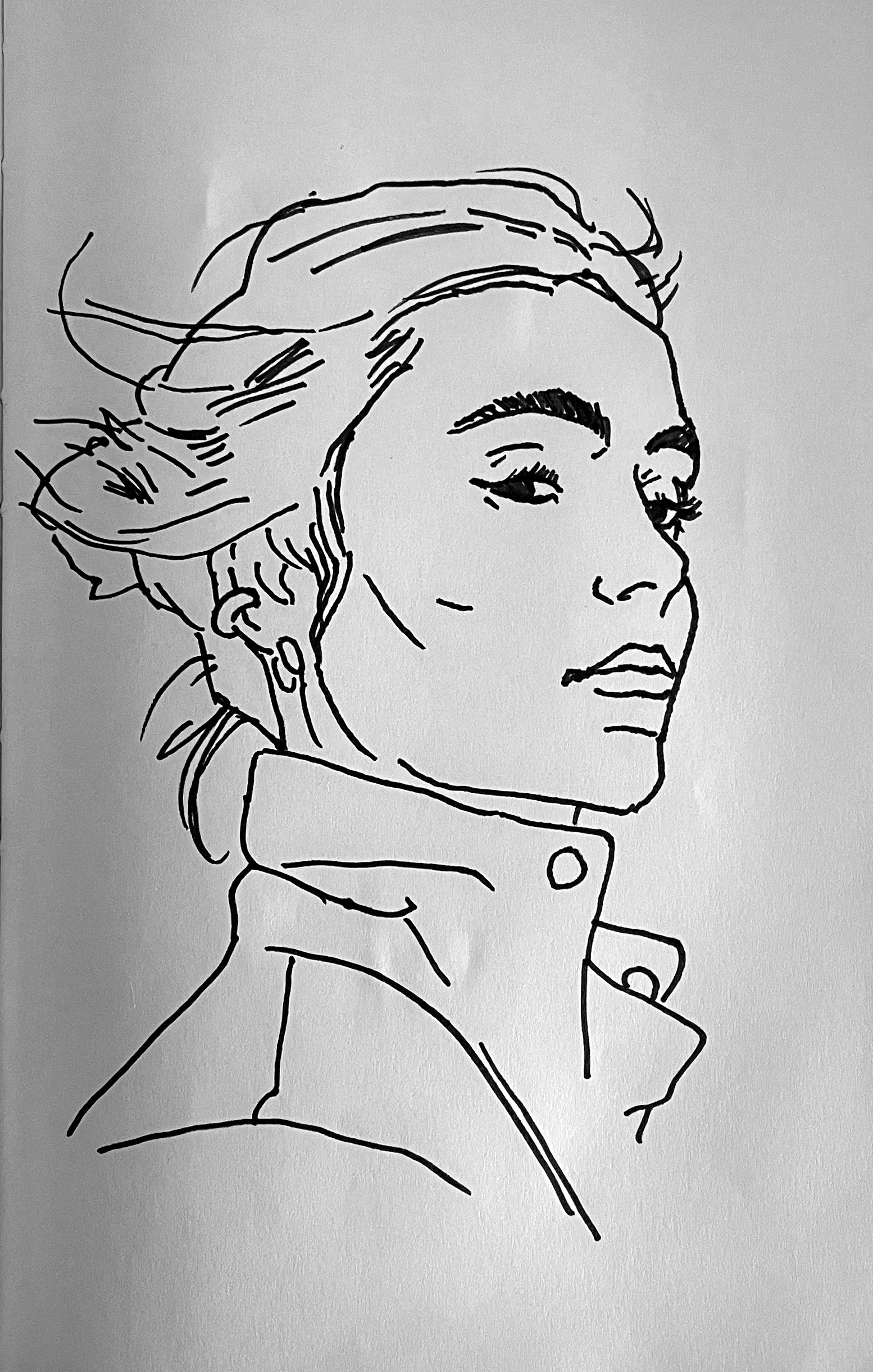 Line art drawing of a woman with short, tousled hair, wearing a high-collared jacket, looking confidently to the side.