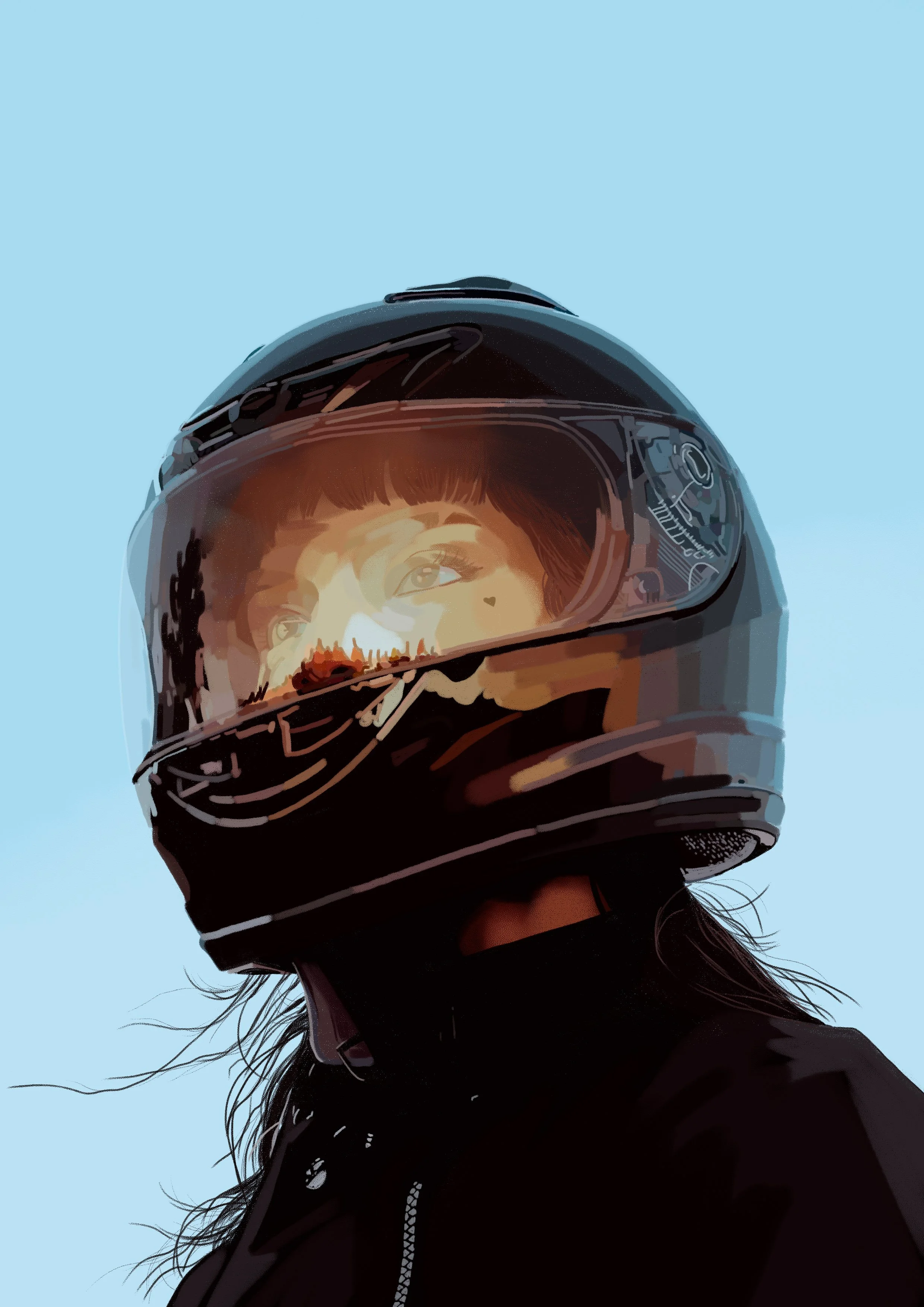 A woman wearing a black motorcycle helmet with a clear visor, looking up against a light blue sky.