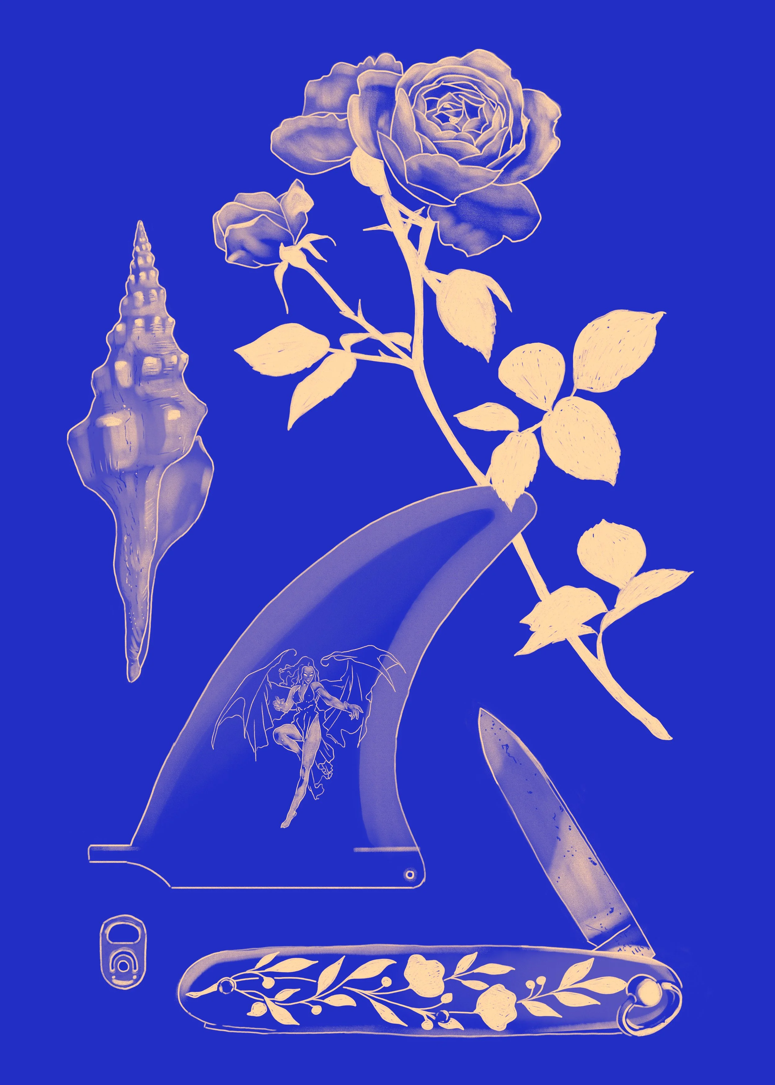 A digital artwork featuring a large beige rose with a stem and leaves, a conch shell, a small fairy-like figure with wings, a cassette tape, a knife, and floral decorations on a deep blue background.