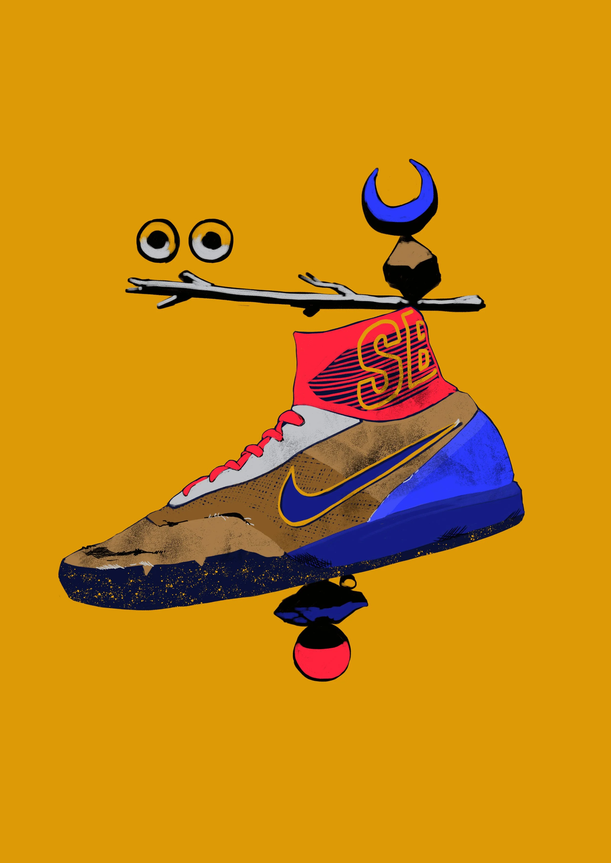 An illustration of a sneaker with a small branch balancing on top, with cartoon eyes looking from the left, and a small blue and black figure on top of the branch. The sneaker features red, brown, blue, and gold colors, with the Nike logo visible.
