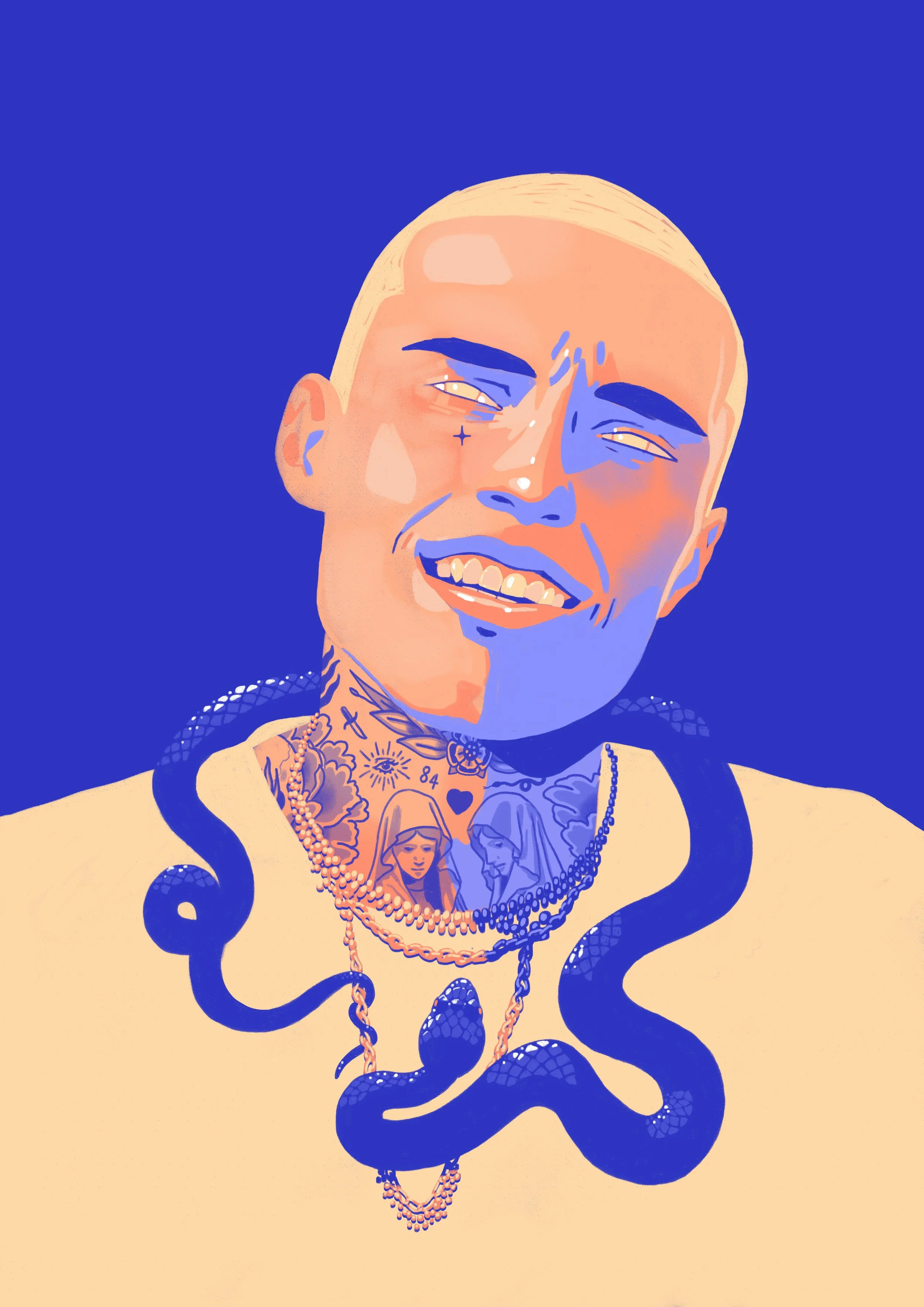 Digital illustration of a smiling, bald person with tattoos and necklace, against a blue background.