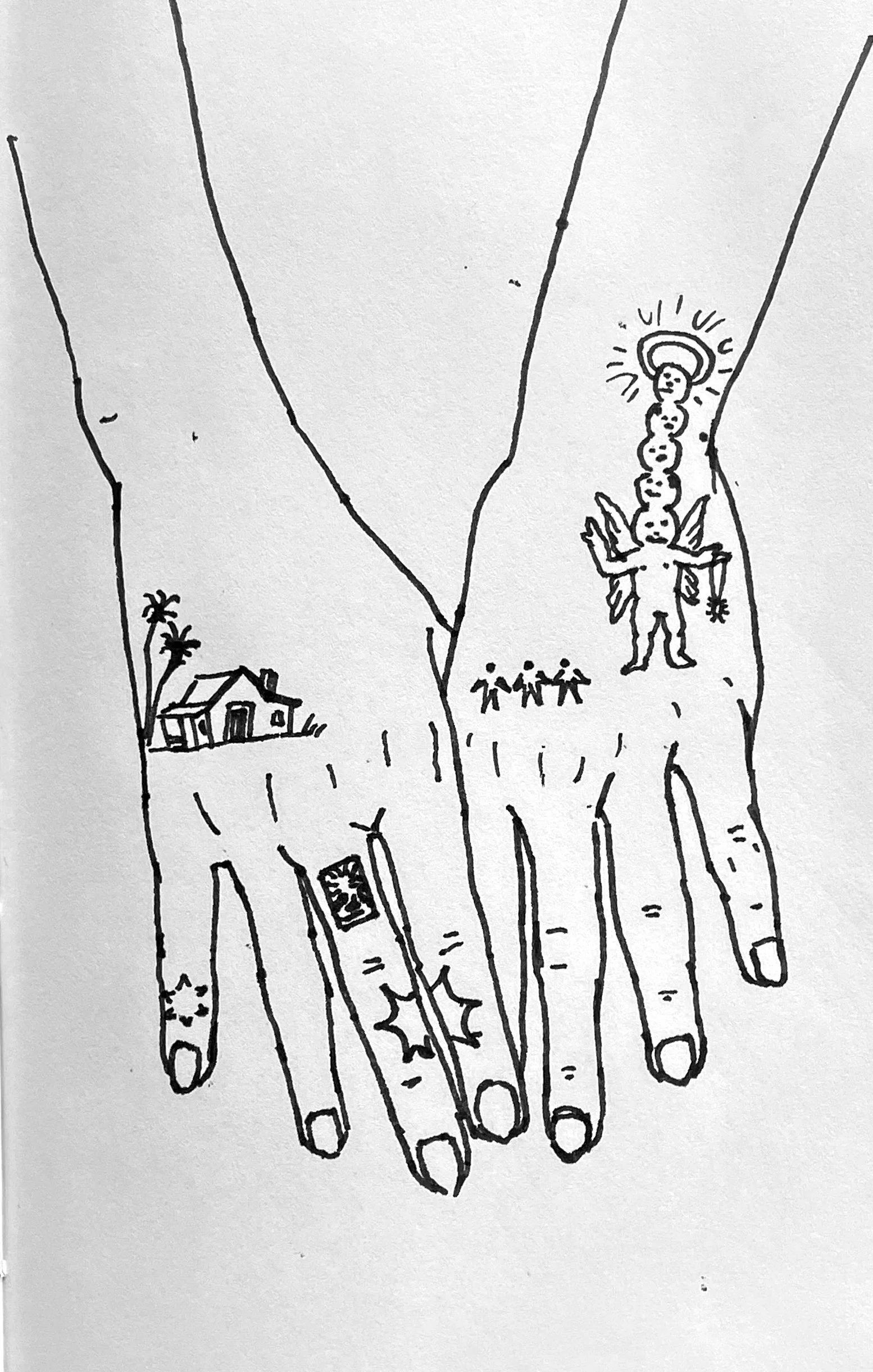 A black and white line drawing of two large hands with various small symbols and drawings inside their palms and fingers, including a house, trees, a window, a windmill, a group of people, and an angelic figure with a halo of small circles and a staff.