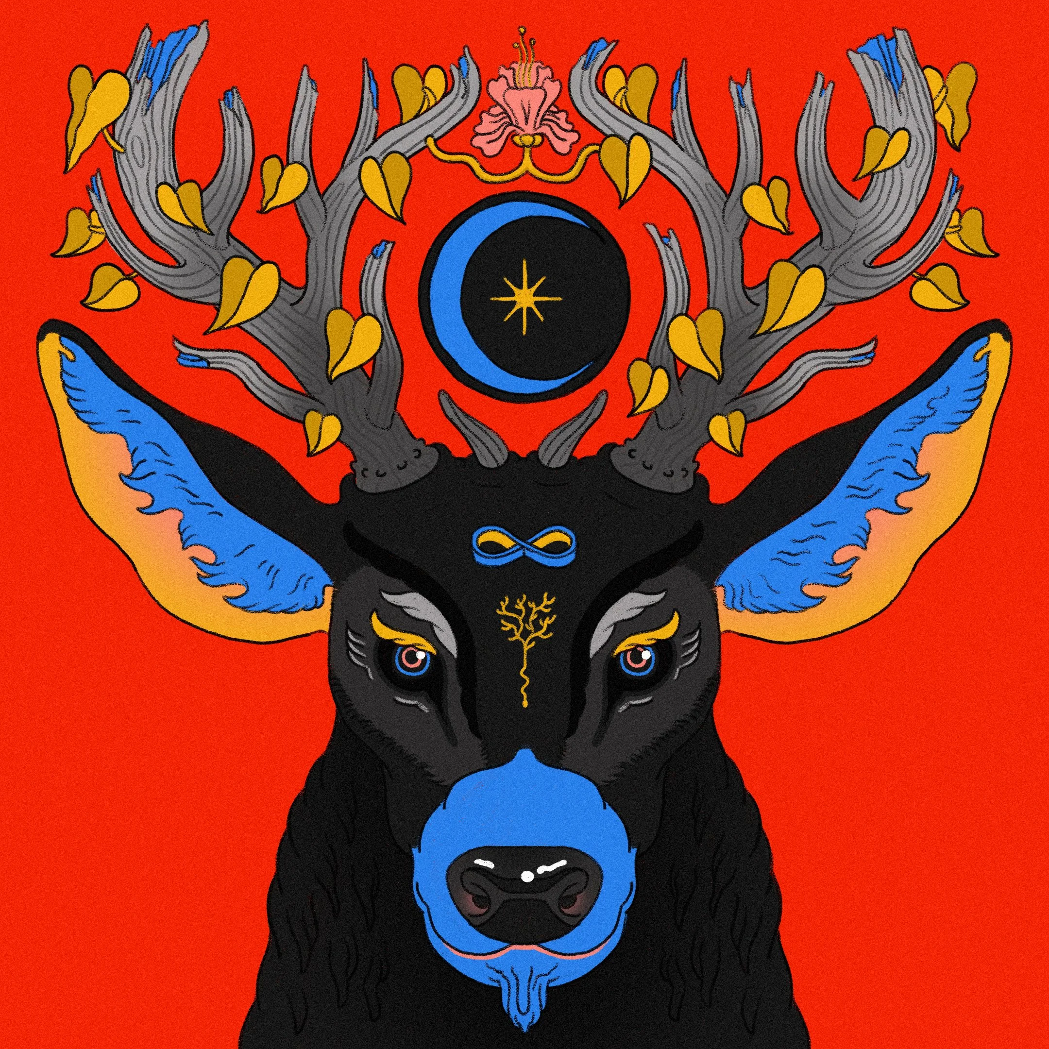 Stylized illustration of a black animal with a blue face, big ears with blue inner parts, and colorful details. The animal has a golden branch-like symbol on its forehead, a small blue infinity symbol on its forehead, and a blue beard. It has a crown of intertwined branches with yellow heart-shaped leaves, a pink flower near the top, and a celestial symbol with a blue crescent moon, black circle, and a gold star in the middle. The background is red.