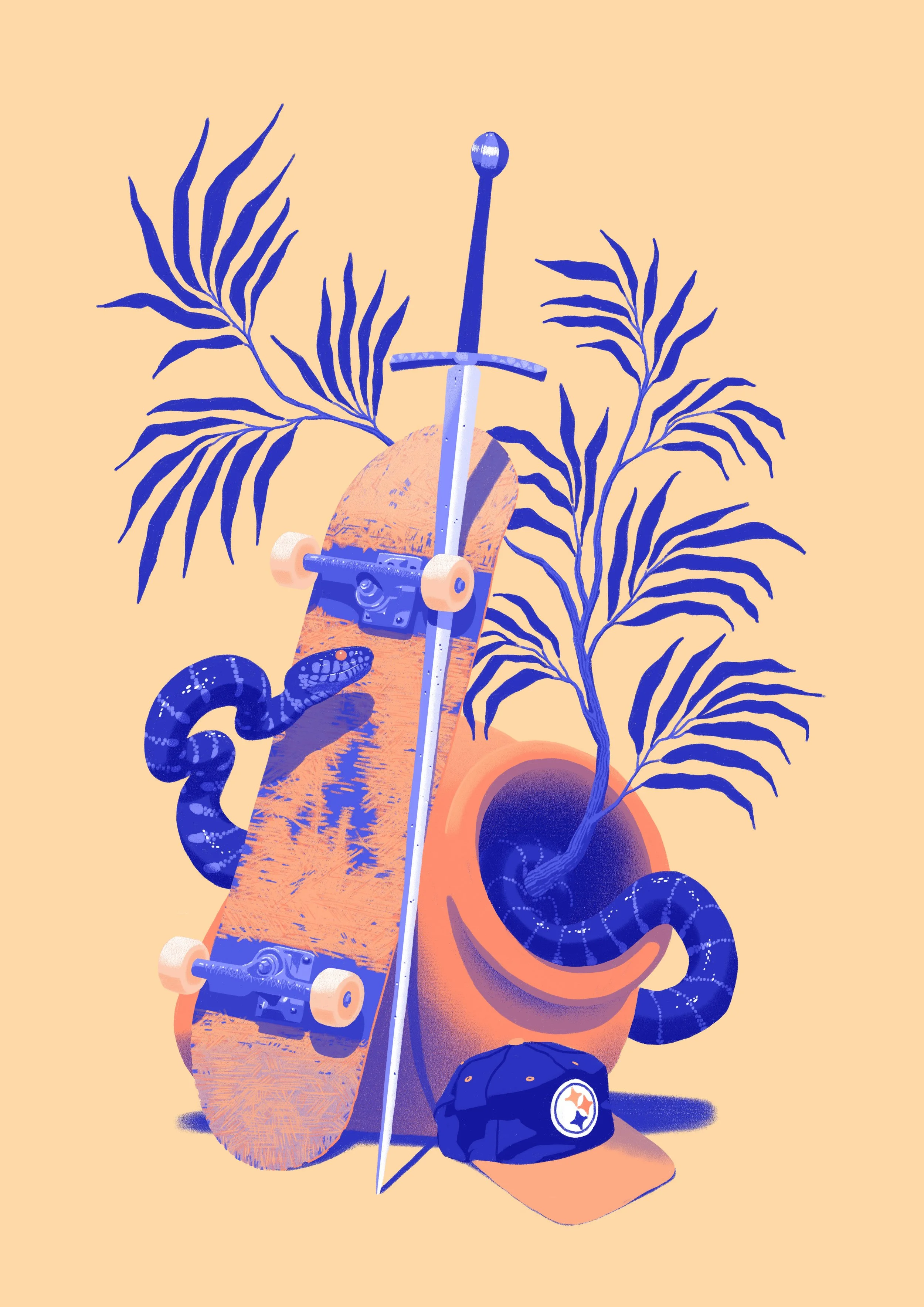 A skateboard leaning against a plant with large blue leaves, a sword stuck in its deck, a black cap with a Pittsburgh Steelers logo, and a snake emerging from a pot.