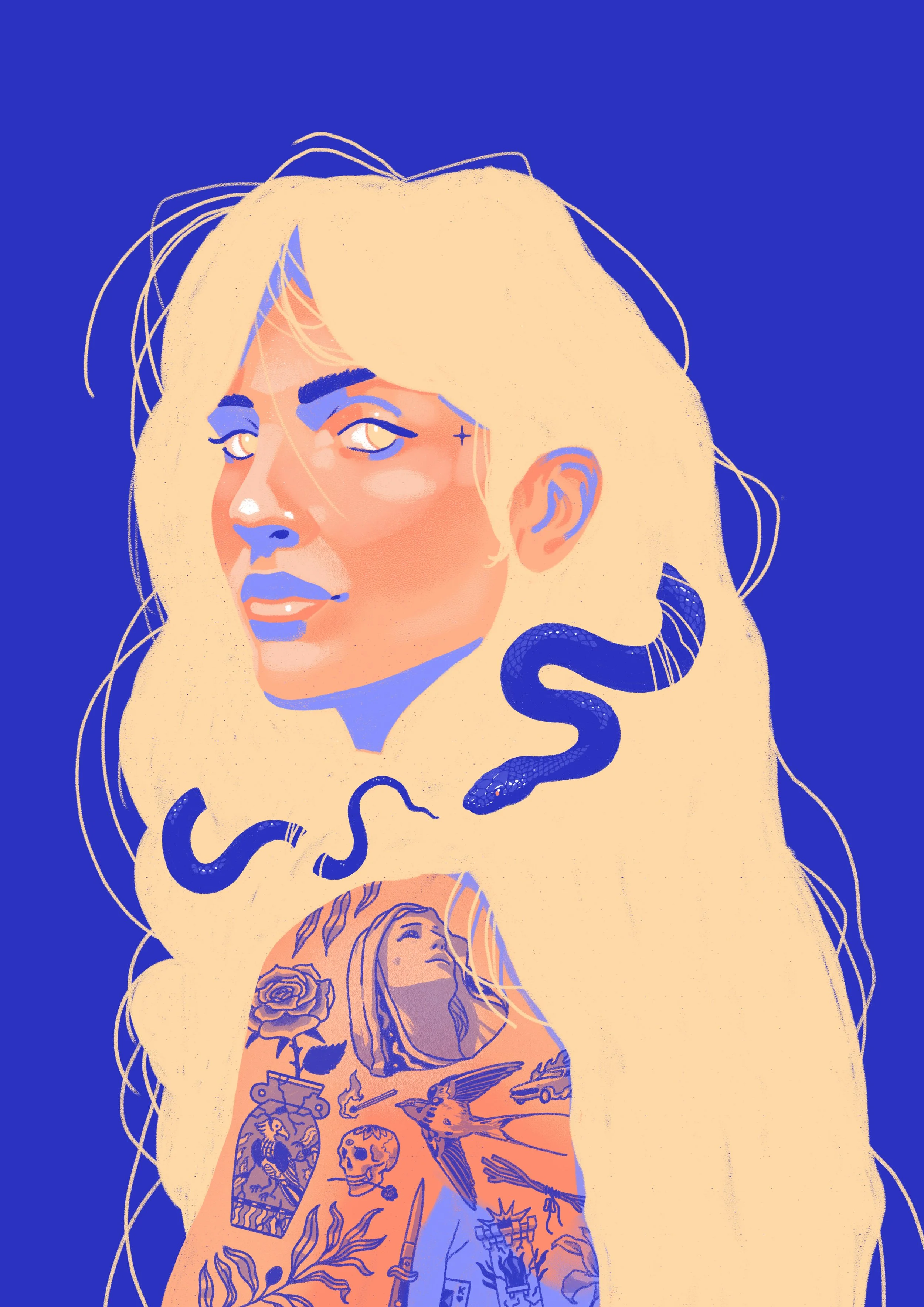 Stylized digital illustration of a woman with long, flowing blonde hair against a blue background. She has tattoos on her arm including a woman’s face, a rose, a skull, a bird, and other symbols. A dark snake is wrapped around her neck.