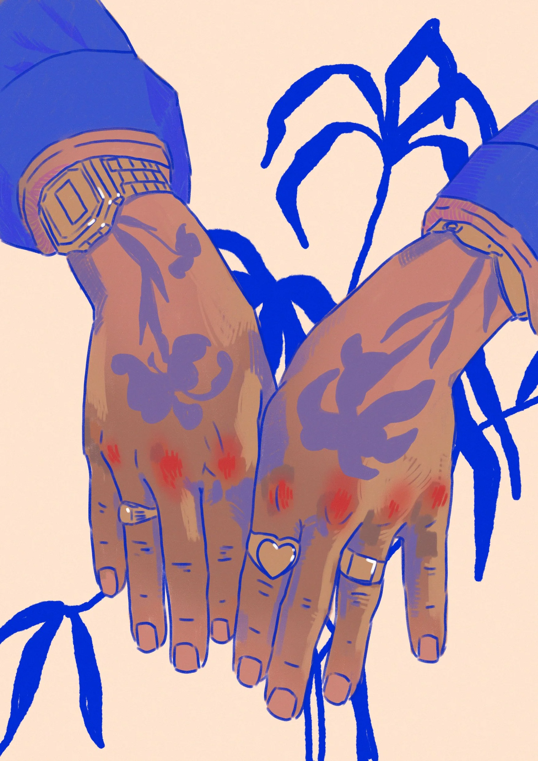 Digital illustration of two hands with rings, tattoos, and blushing, touching, with blue leafy vines in the background.