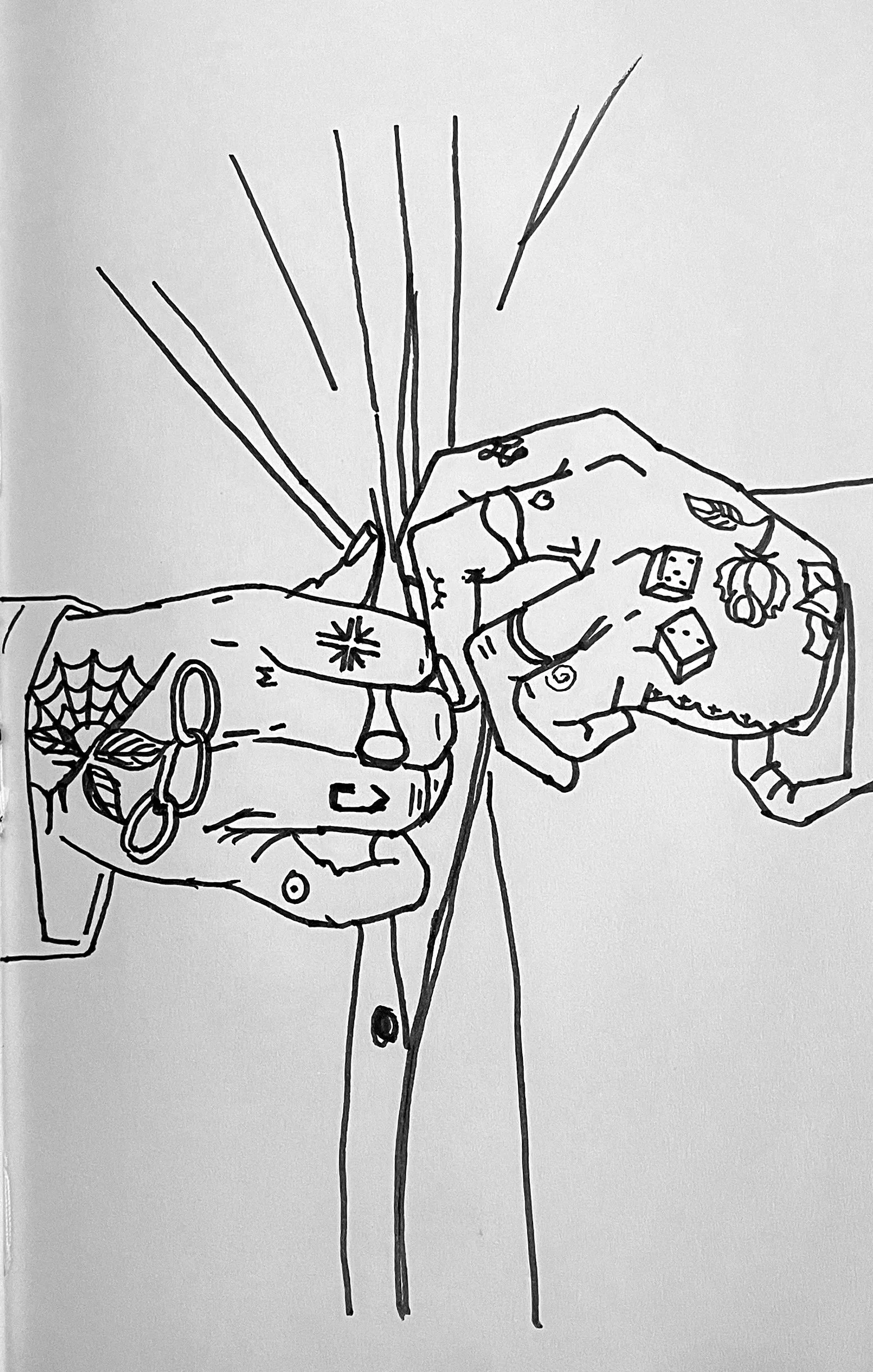 A line drawing of two hands clinking glasses filled with a beverage, with holiday-themed tattoos on fingers and wrists, on a white background.