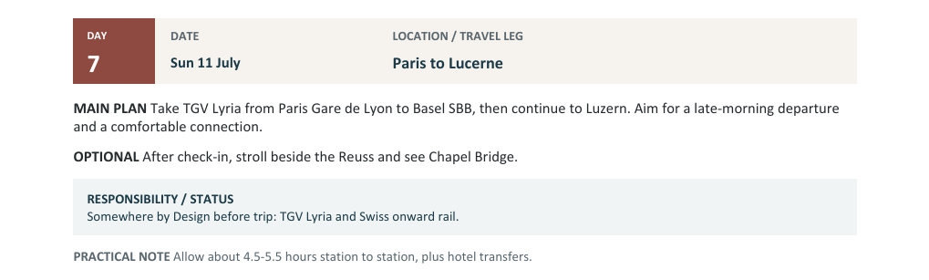 Sample travel day from Paris to Lucerne via Basel, showing rail connections and an arrival plan.