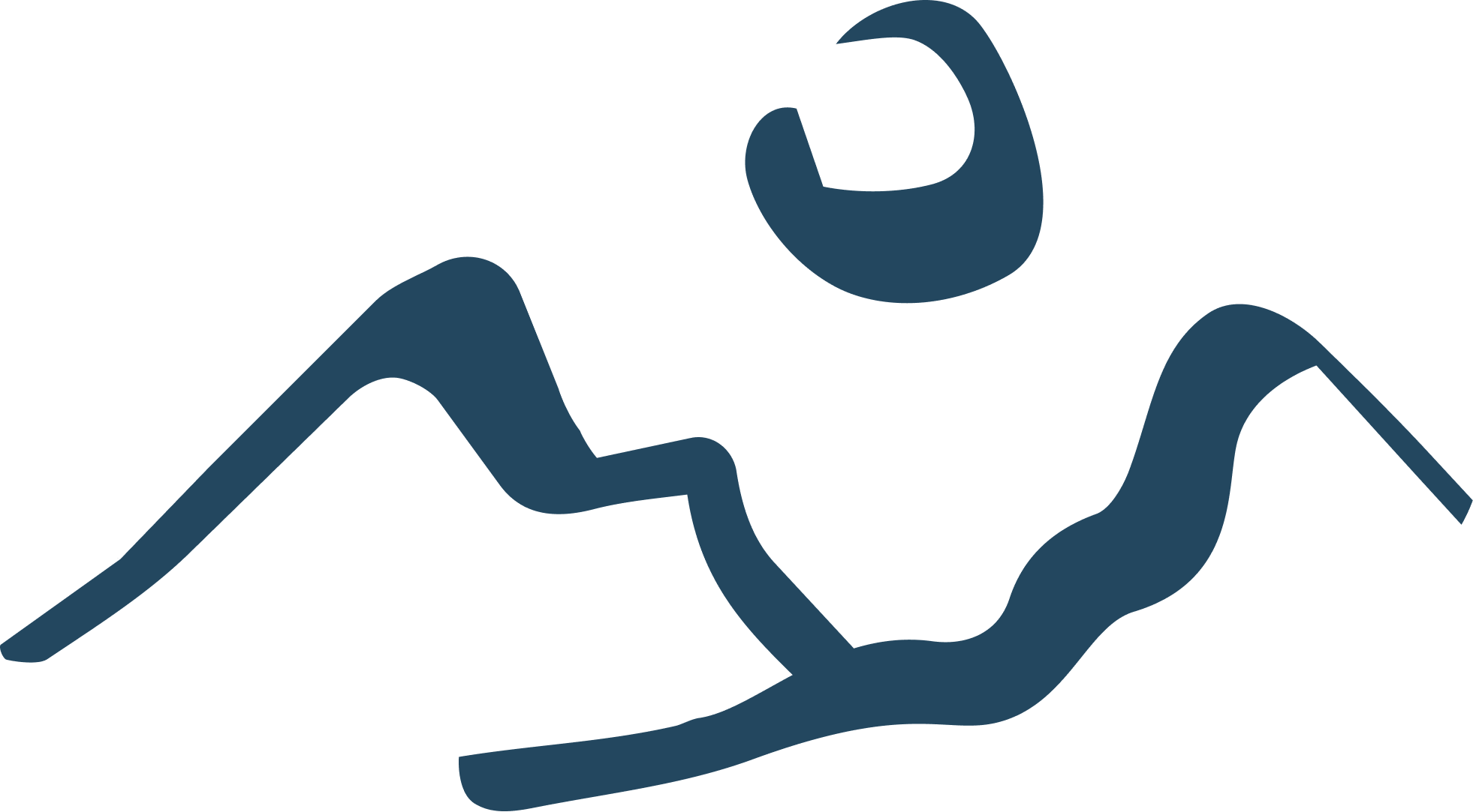 An outline of a human hand with a mountain landscape and crescent moon inside it.