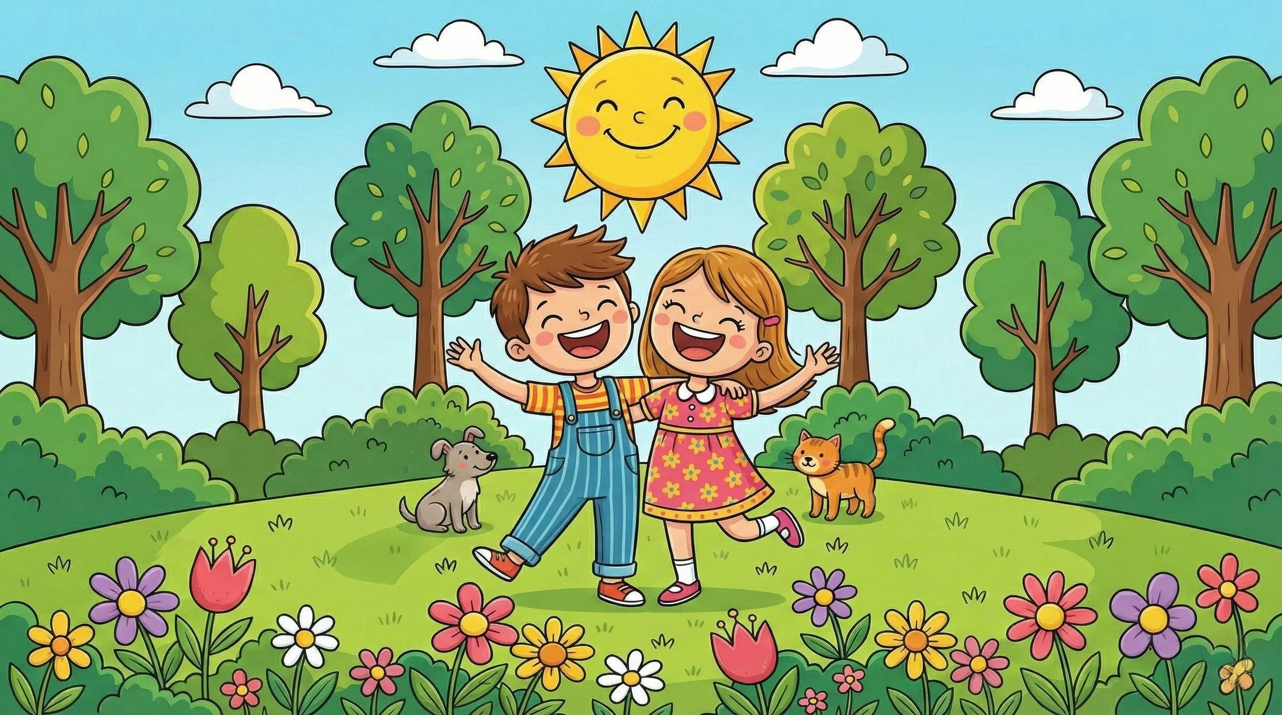 Colorful cartoon drawing of a boy and girl smiling and playing in a sunny, green outdoor park with trees, flowers, a dog, a cat, and a bright smiling sun in the sky.