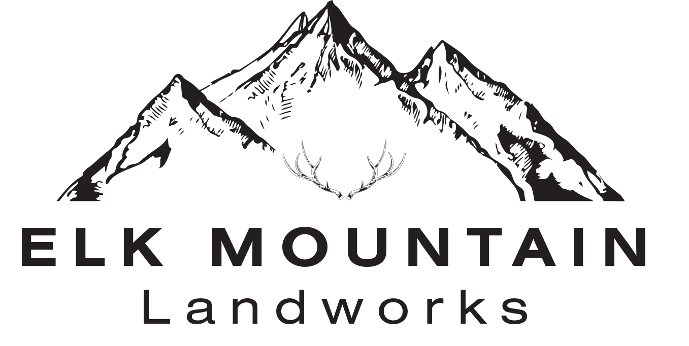 Logo featuring a mountain with a deer skull and antlers at the peak, text below reads 'Elk Mountain Landworks'.