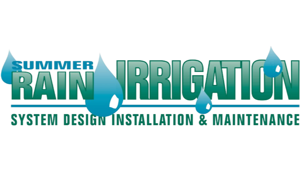 Logo for Summer Rain Irrigation, featuring blue and green text with water droplet graphics, highlighting system design, installation, and maintenance.