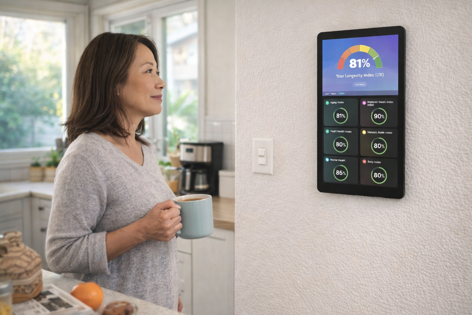 Middle-age woman reads her LIX screen on her Longevity Mirror by Nuralogix