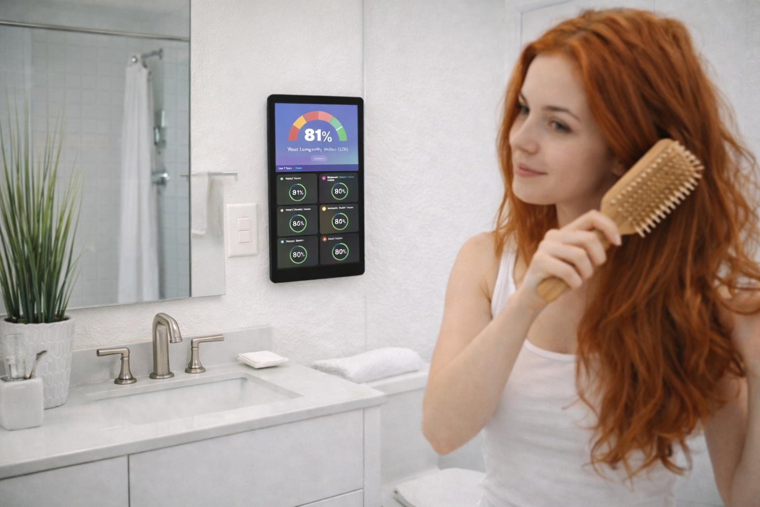 Longevity Mirror by Nuralogix hangs on the wall in a standard residential bathroom