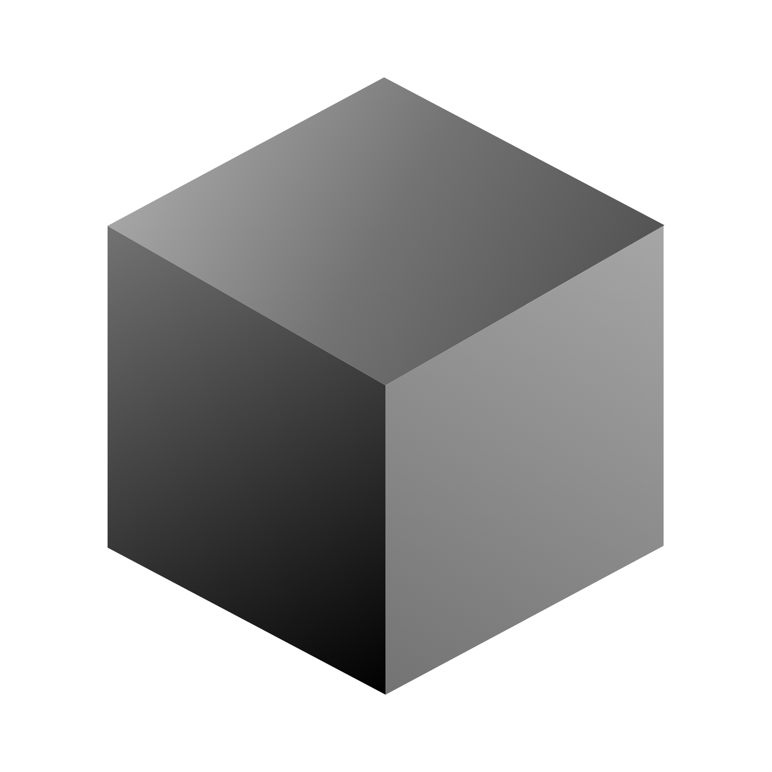 A 3D grayscale isometric cube with shaded sides in different shades of gray.