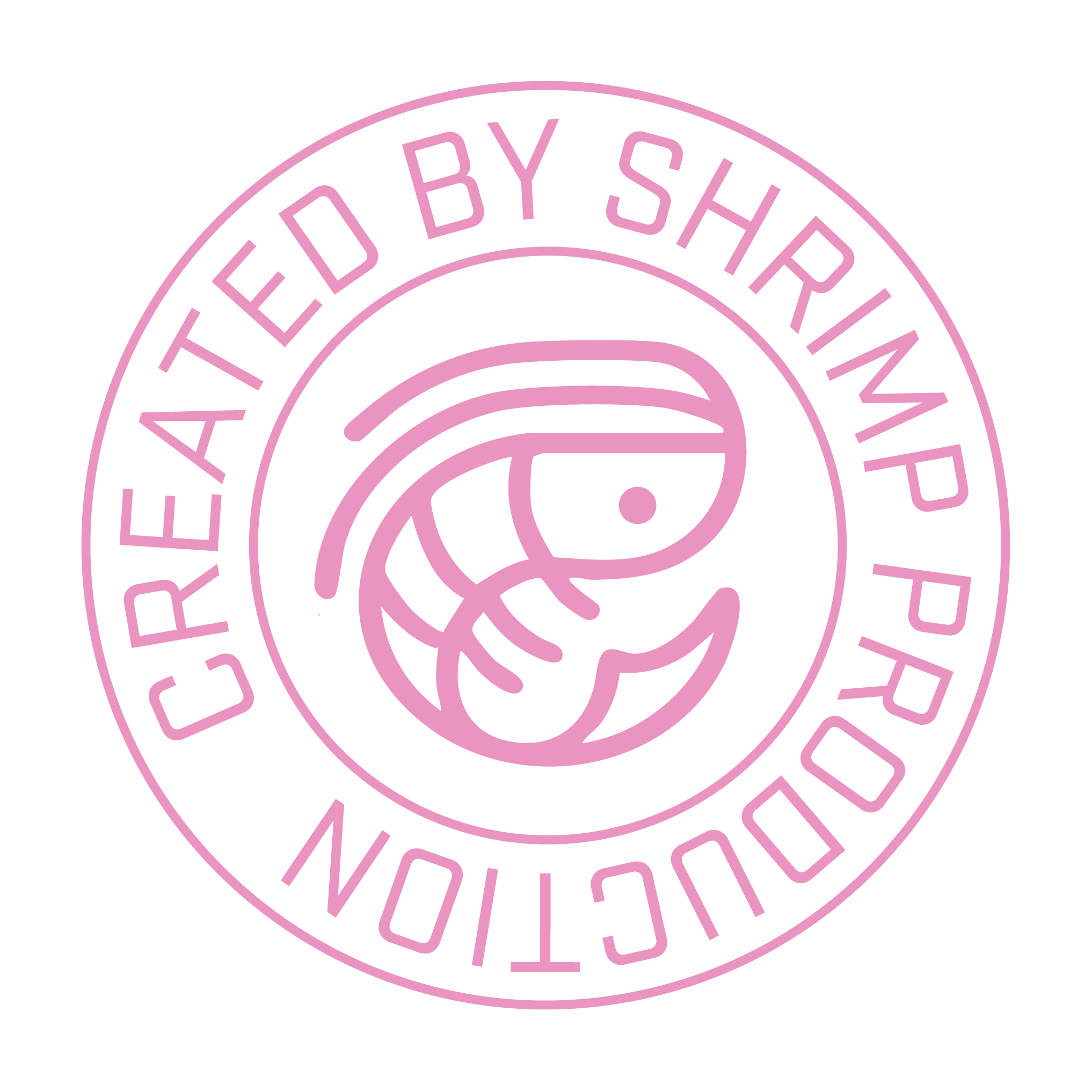 Pink outline logo of a shrimp inside a circle, with the text 'Created by Shrimp Production' surrounding it