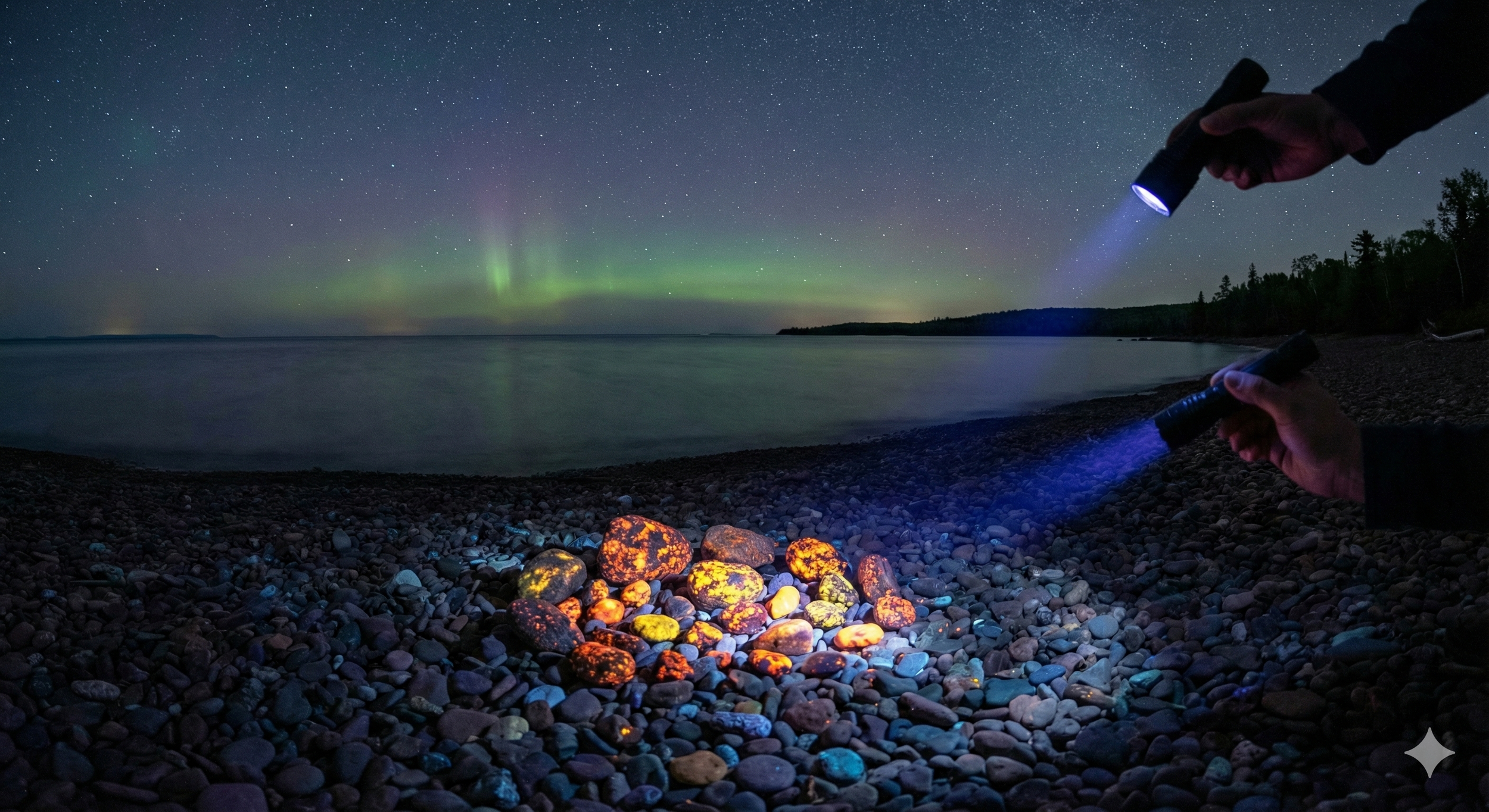 People using flashlights on a pebble beach at night with the northern lights in the sky and stars above.