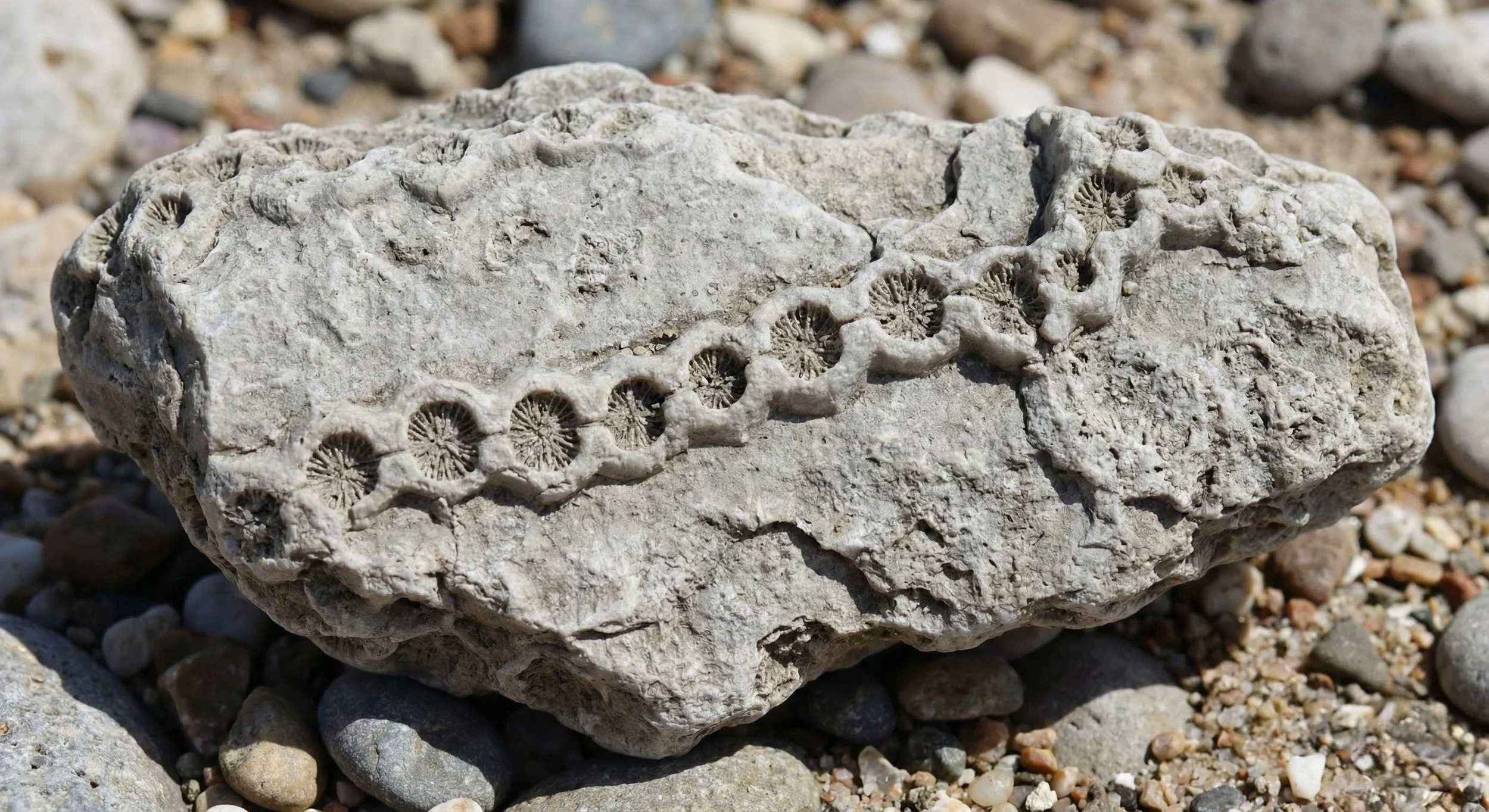 Fossilized sea creature embedded in a large piece of sedimentary rock, surrounded by small pebbles on the ground.