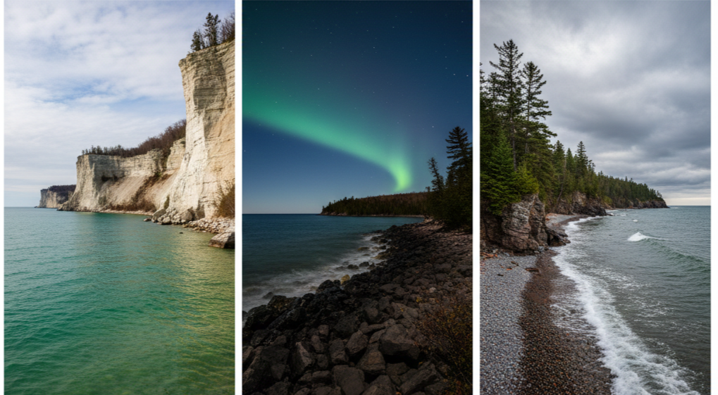 Triptych of coastal landscapes: white cliffs by the sea, northern lights over a rocky shoreline, and a rocky beach with trees and waves under cloudy skies.