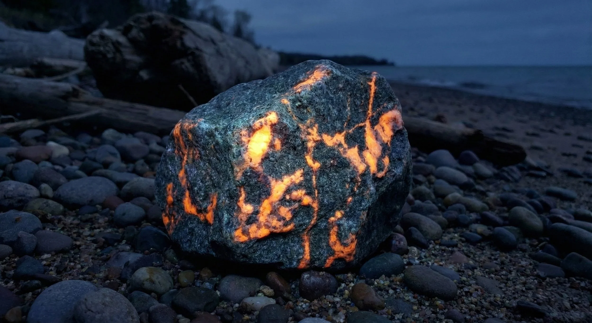 A large rock on a pebble-covered beach illuminated with glowing orange veins, with driftwood and the sea in the background during twilight.
