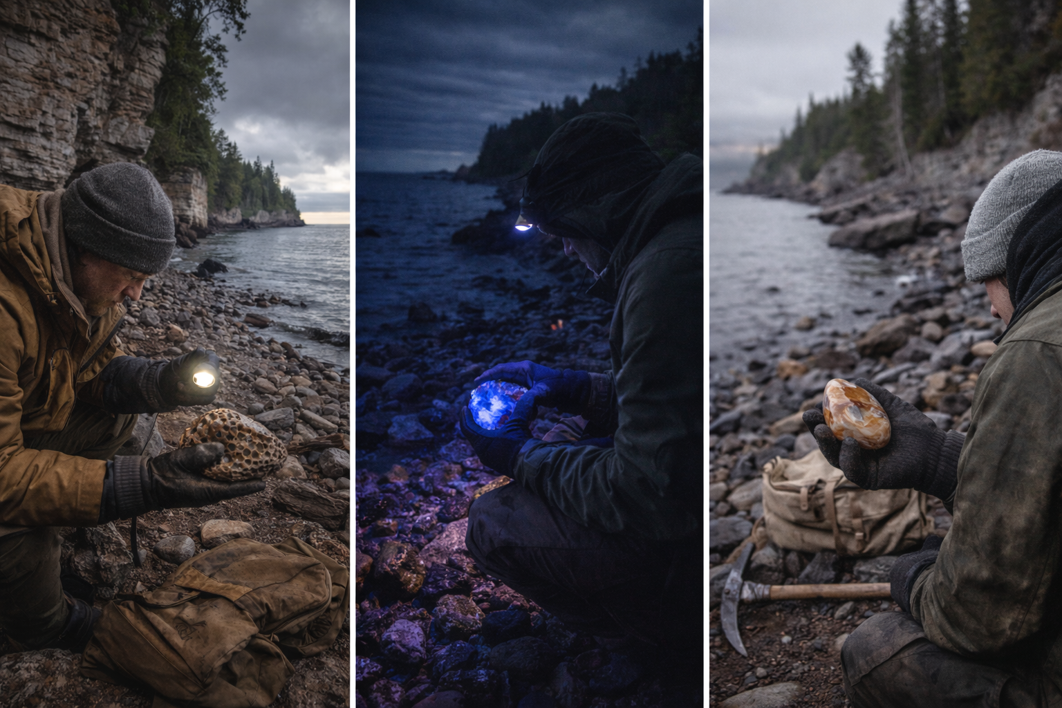 Three men collecting rocks along a rocky shoreline near a body of water, during different times of the day.
