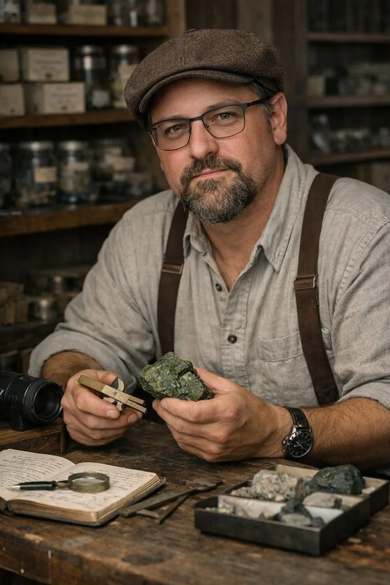 A man with glasses, a beard, and a cap, sitting at a wooden table in a geology or mineral shop, holding a rock and rock sampling tools, with collection trays and a notebook on the table.
