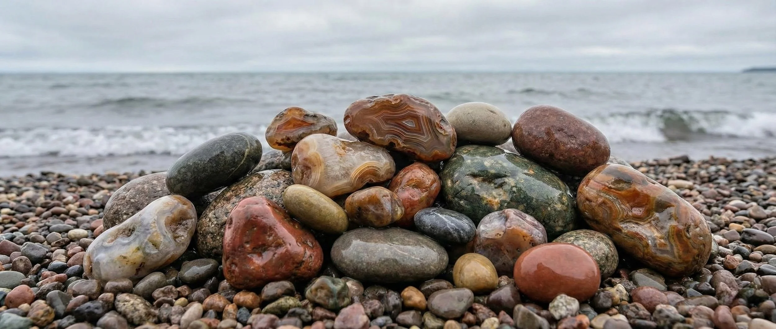 Smooth colorful stones stacked on a pebble beach by the ocean under a cloudy sky.